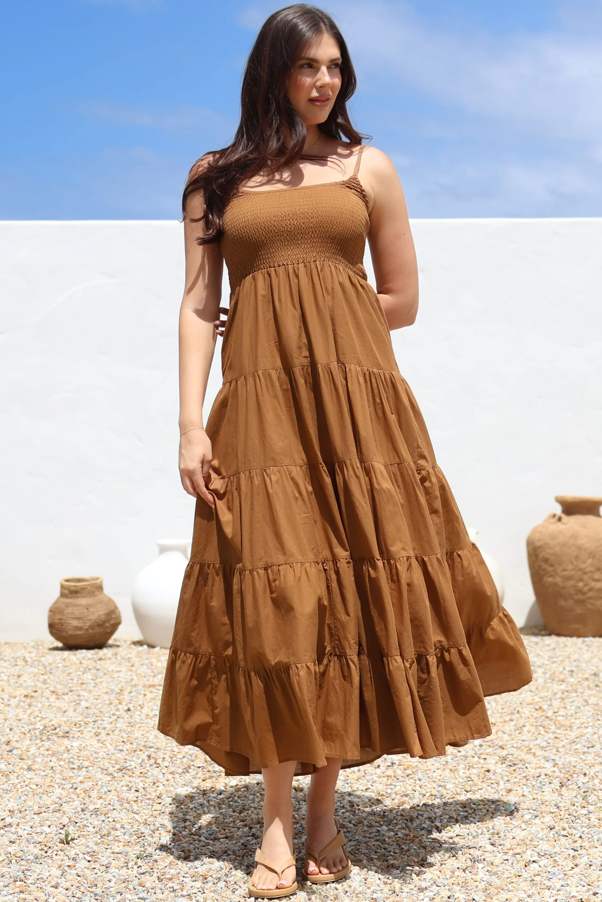 Nessa Maxi Dress - Tie Up Strap Tiered Sun Dress in Tan - Image 5