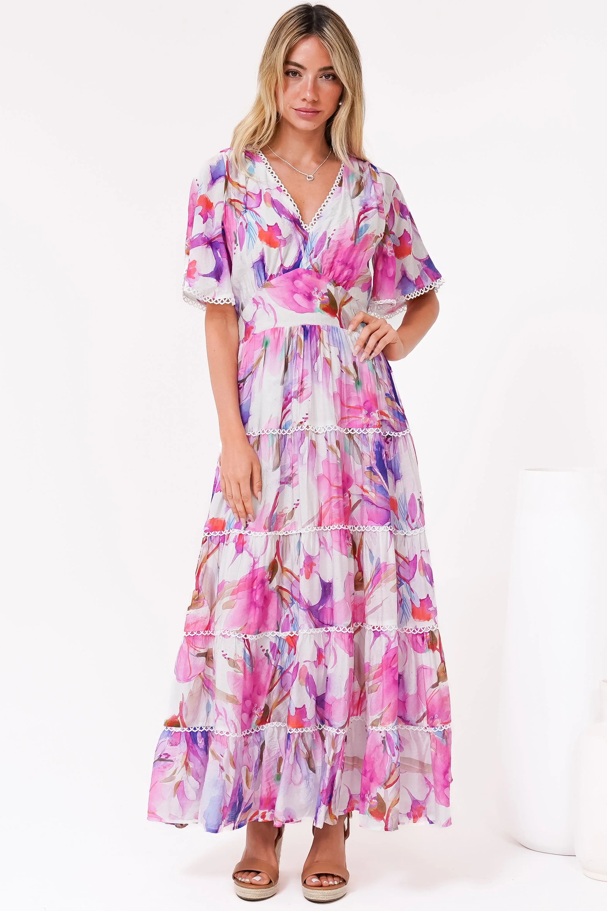 Nessie Maxi Dress - Lace Trim Tiered Dress with Flutter Sleeves in Calliope Print Pink - Image 2