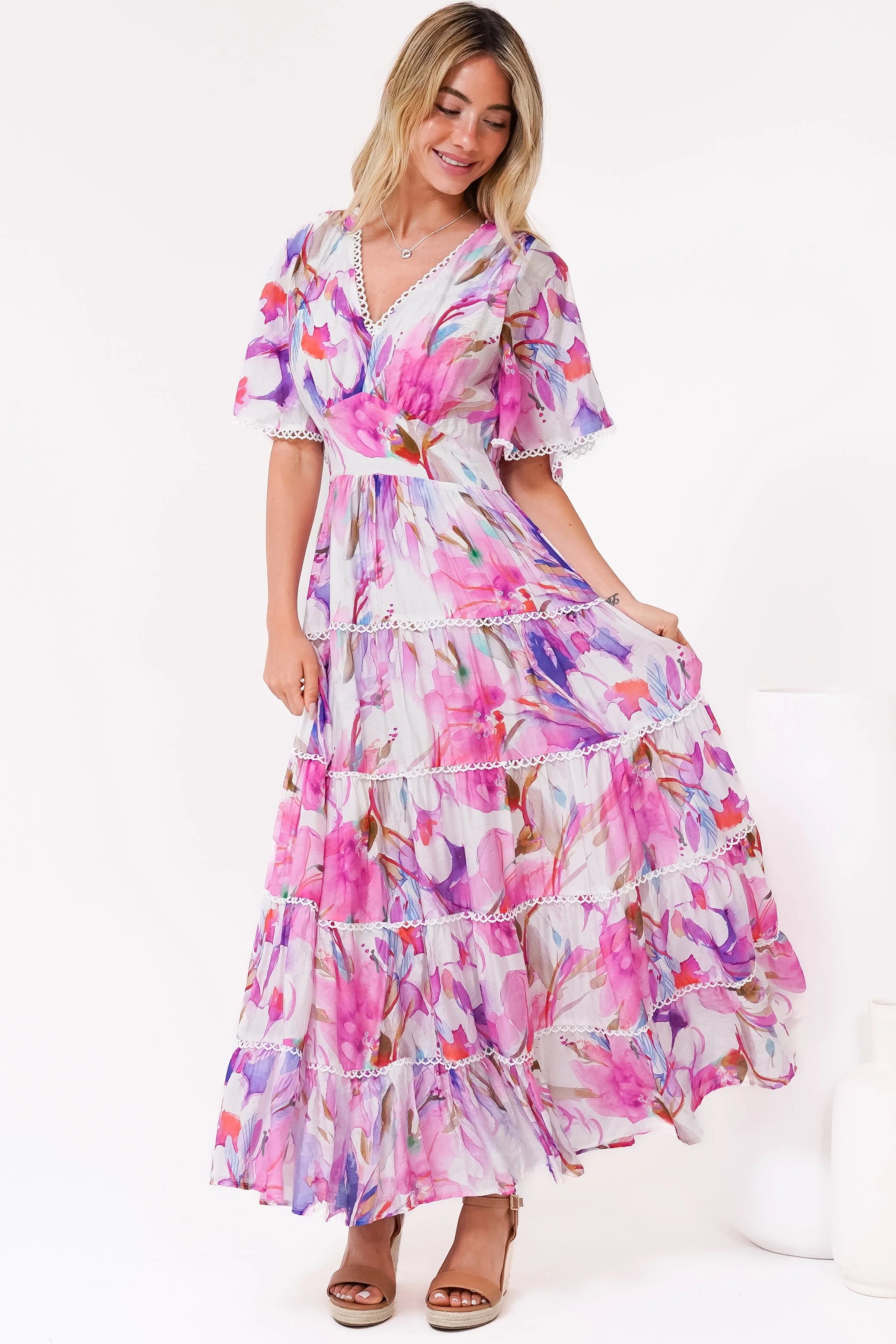 Nessie Maxi Dress - Lace Trim Tiered Dress with Flutter Sleeves in Calliope Print Pink - Image 3