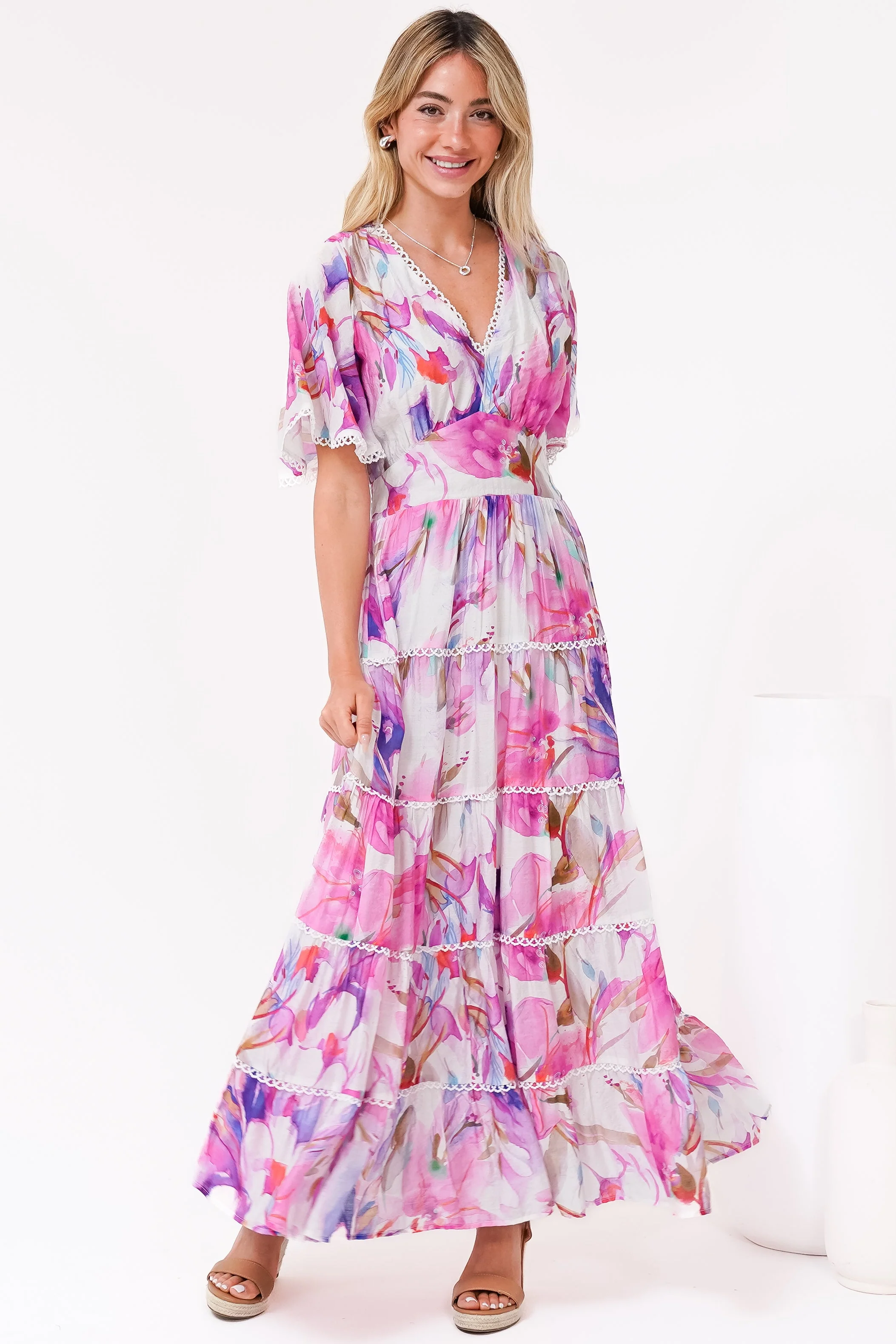 Nessie Maxi Dress - Lace Trim Tiered Dress with Flutter Sleeves in Calliope Print Pink - Image 4