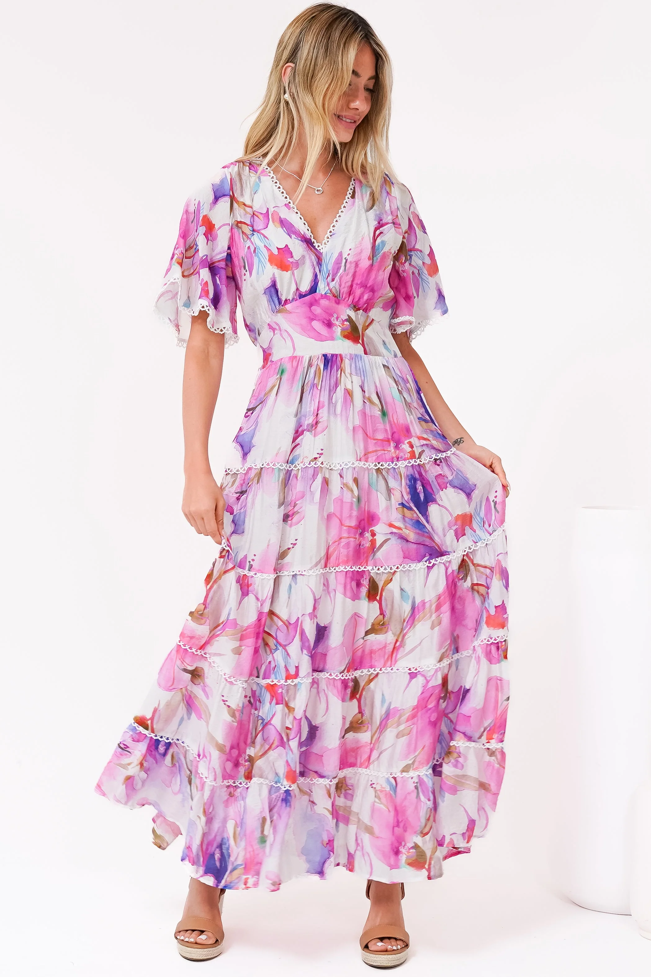 Nessie Maxi Dress - Lace Trim Tiered Dress with Flutter Sleeves in Calliope Print Pink - Image 5