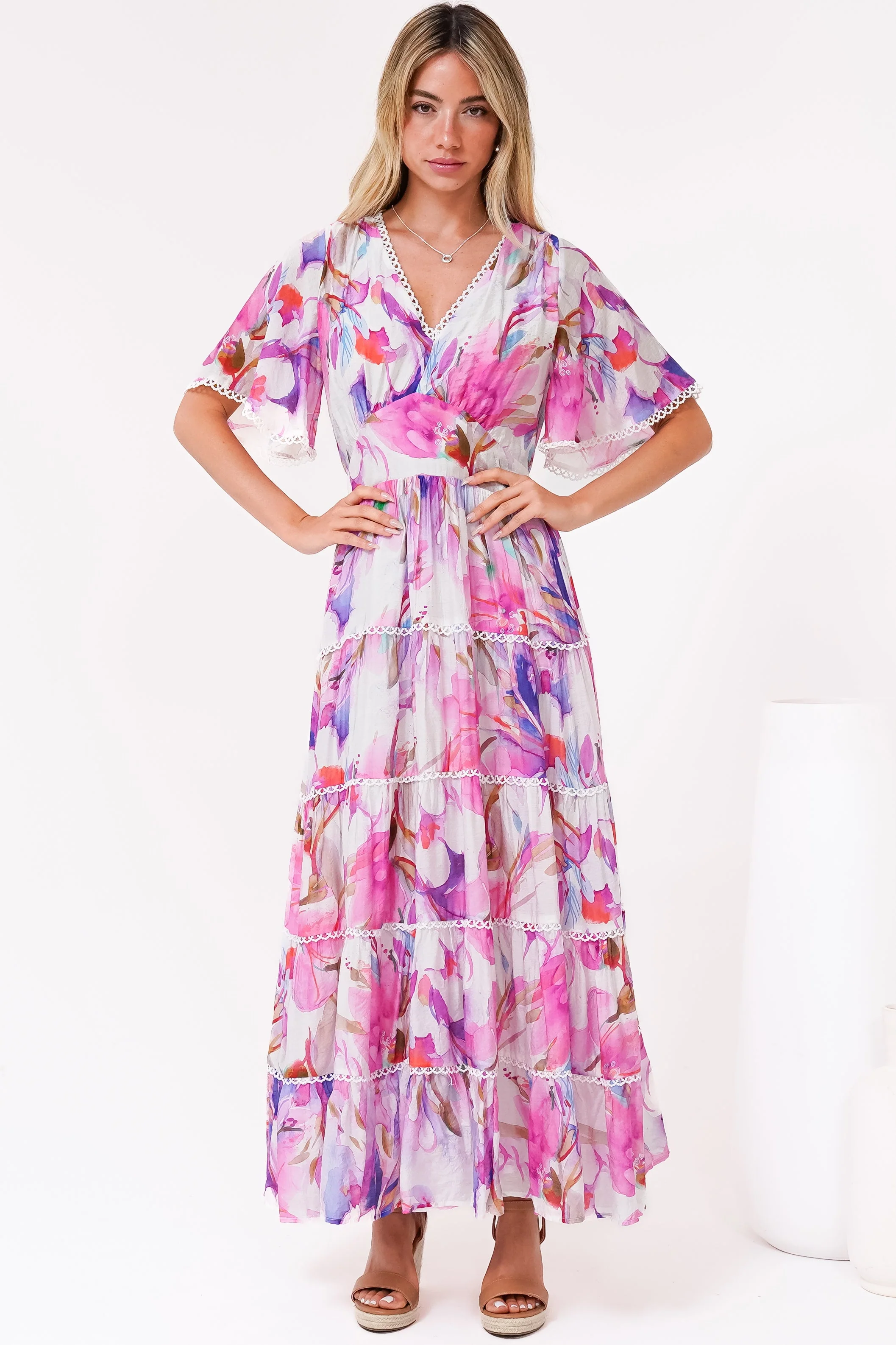 Nessie Maxi Dress - Lace Trim Tiered Dress with Flutter Sleeves in Calliope Print Pink - Image 6