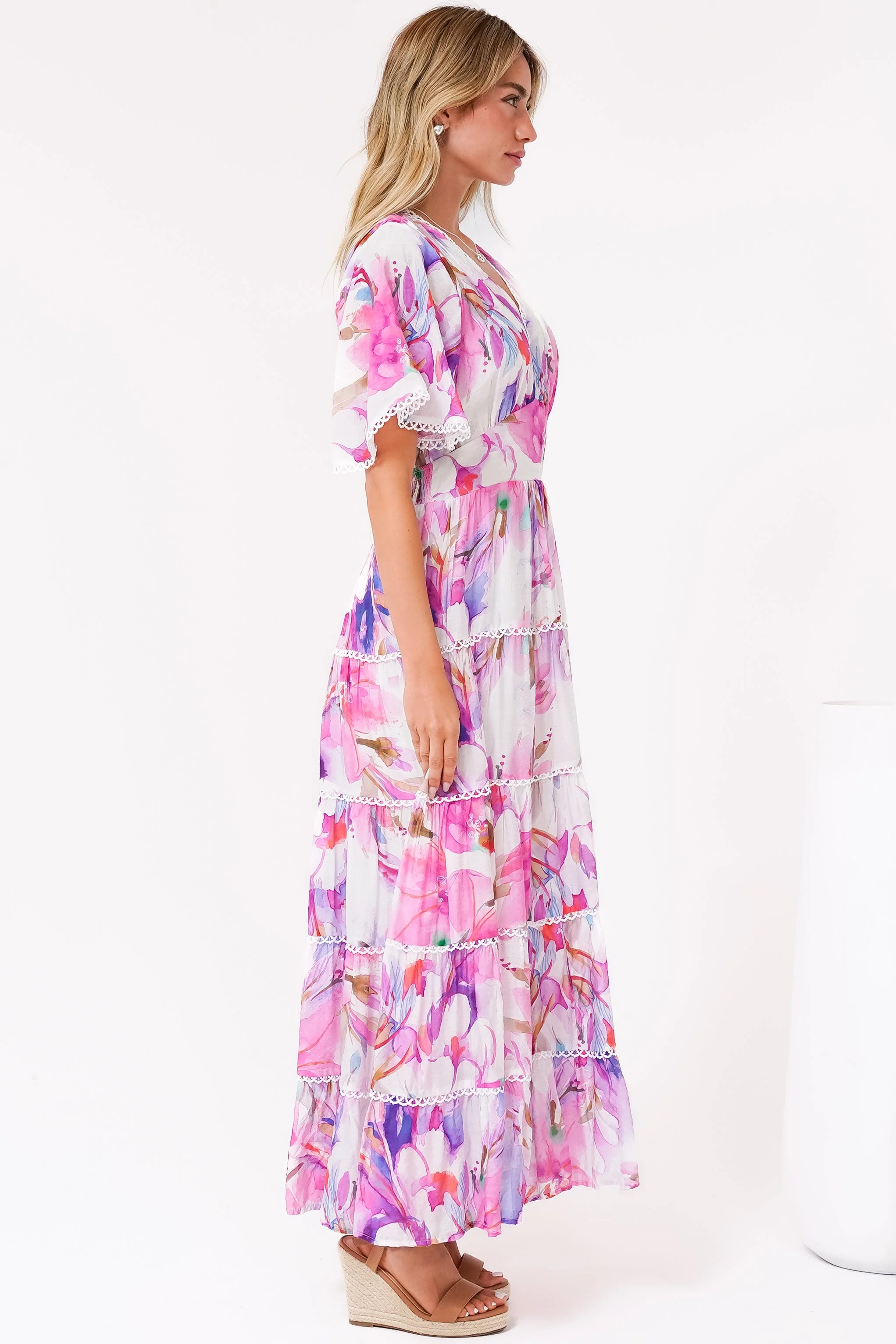 Nessie Maxi Dress - Lace Trim Tiered Dress with Flutter Sleeves in Calliope Print Pink - Image 7