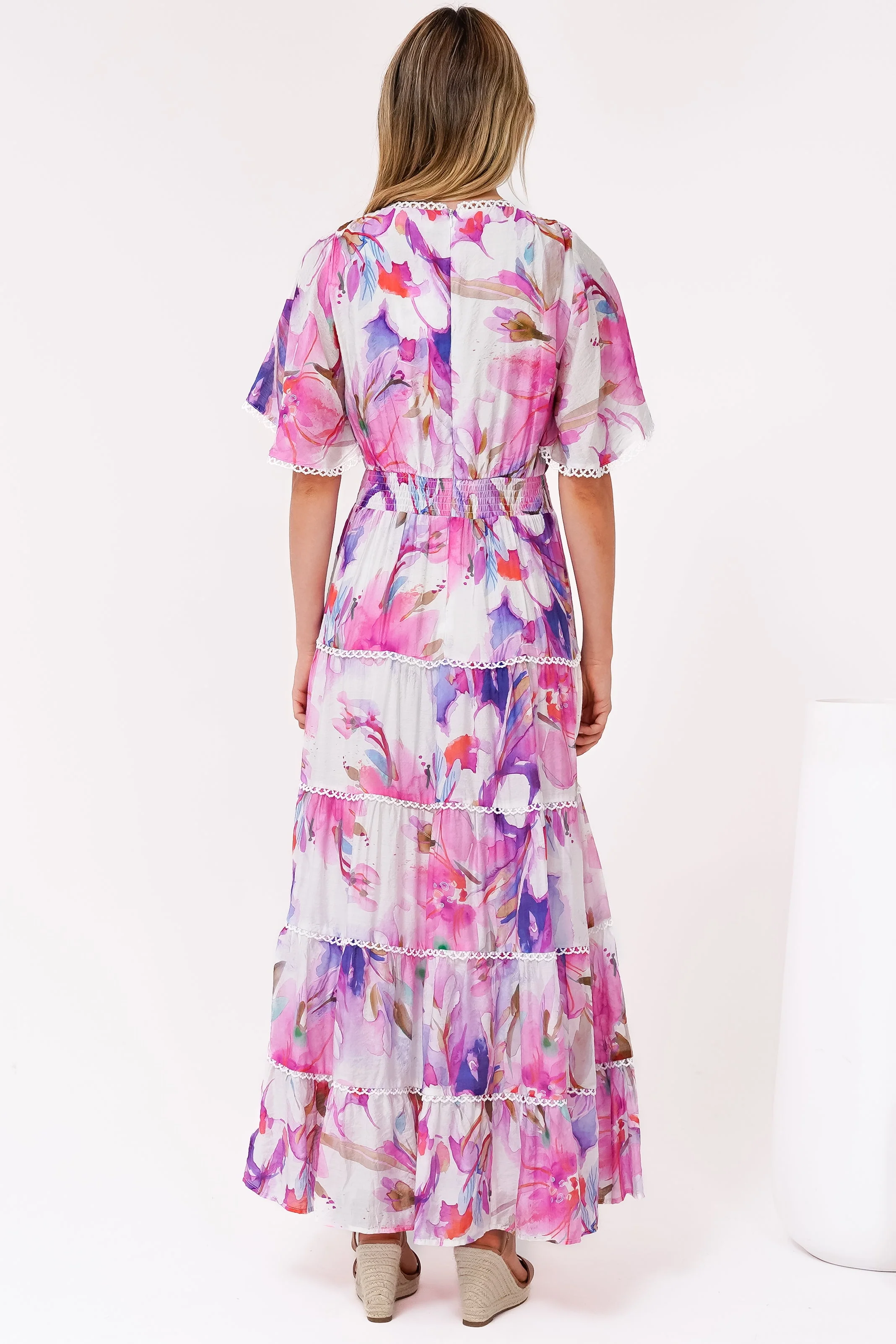 Nessie Maxi Dress - Lace Trim Tiered Dress with Flutter Sleeves in Calliope Print Pink - Image 8
