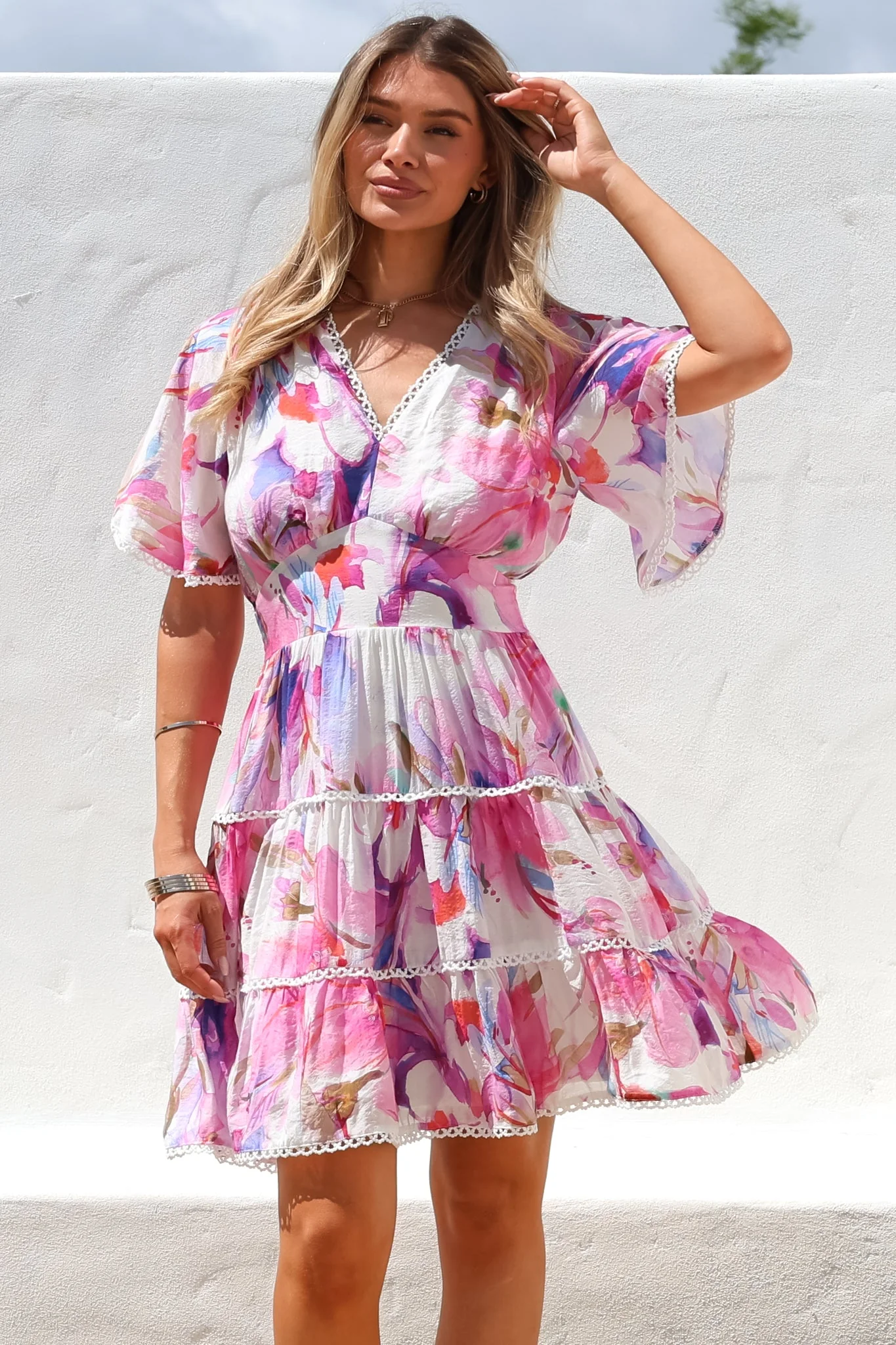 Nessie Mini Dress - Lace Trim Tiered Dress with Flutter Sleeves in Calliope Print Pink - Image 2