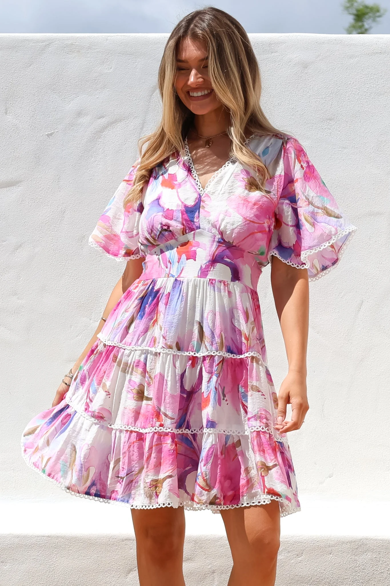 Nessie Mini Dress - Lace Trim Tiered Dress with Flutter Sleeves in Calliope Print Pink - Image 6