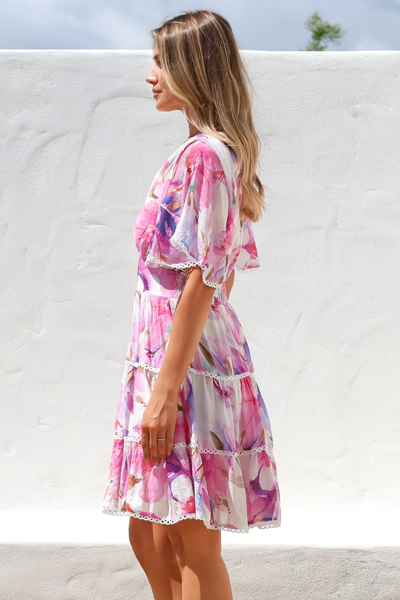 Nessie Mini Dress - Lace Trim Tiered Dress with Flutter Sleeves in Calliope Print Pink - Image 7