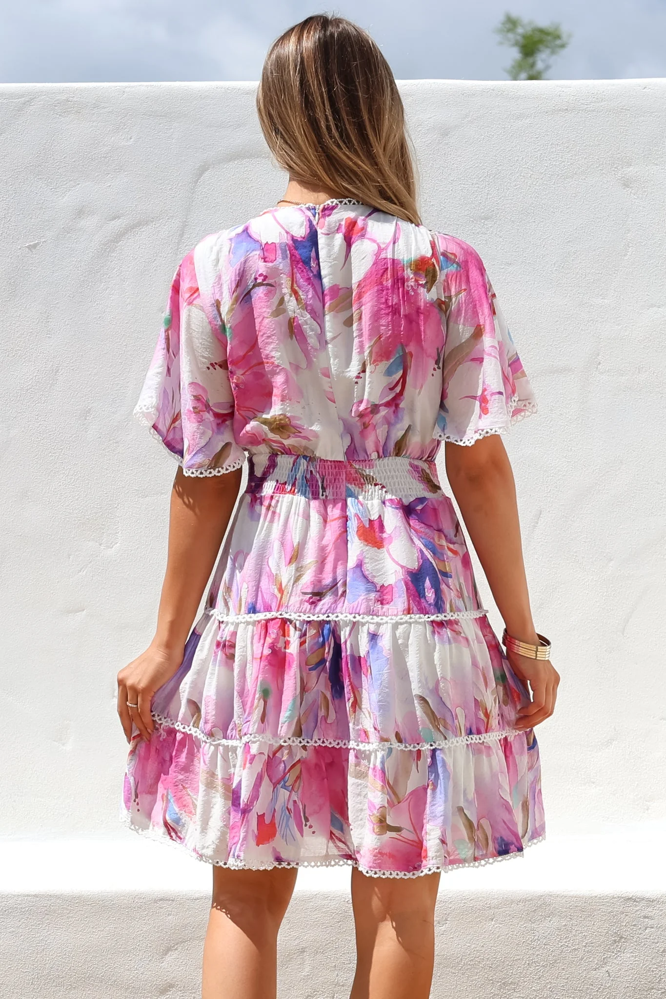 Nessie Mini Dress - Lace Trim Tiered Dress with Flutter Sleeves in Calliope Print Pink - Image 8
