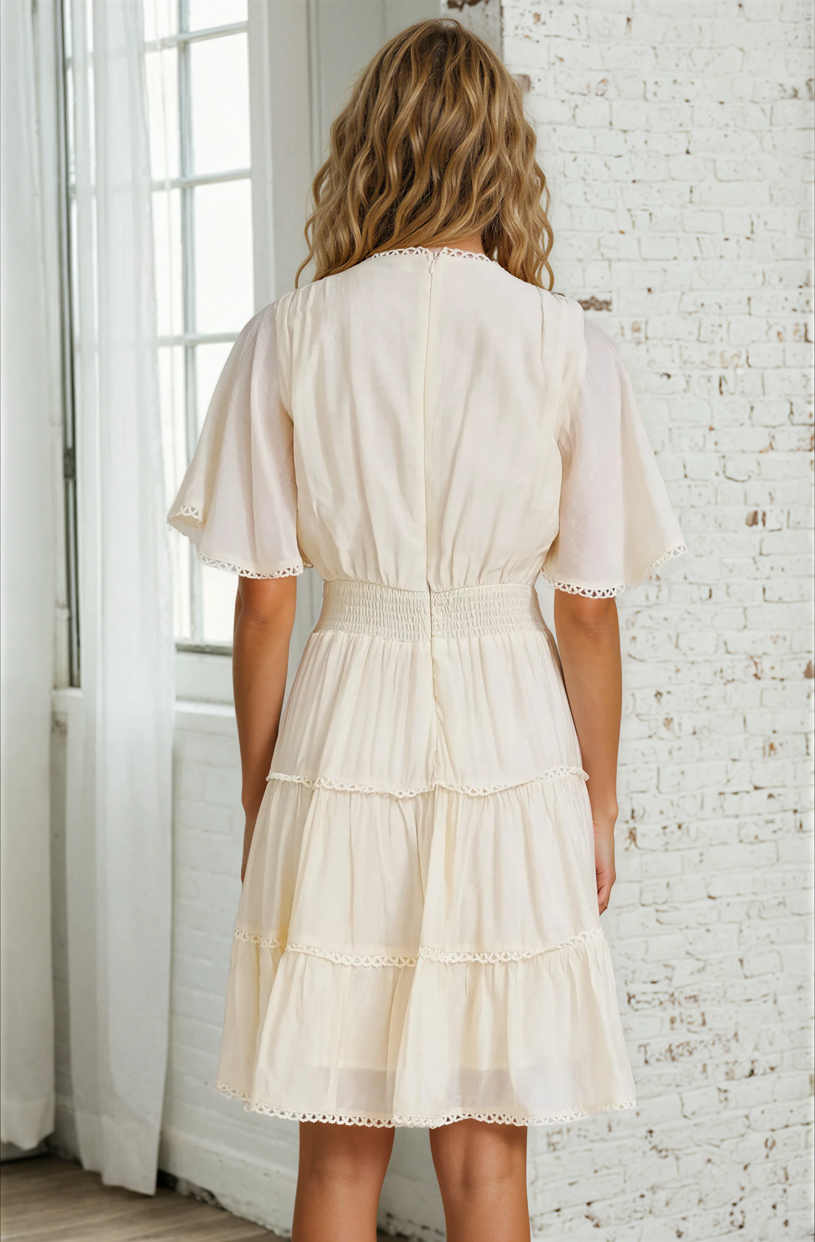 Nessie Mini Dress - Lace Trim Tiered Dress with Flutter Sleeves in Cream - Image 5