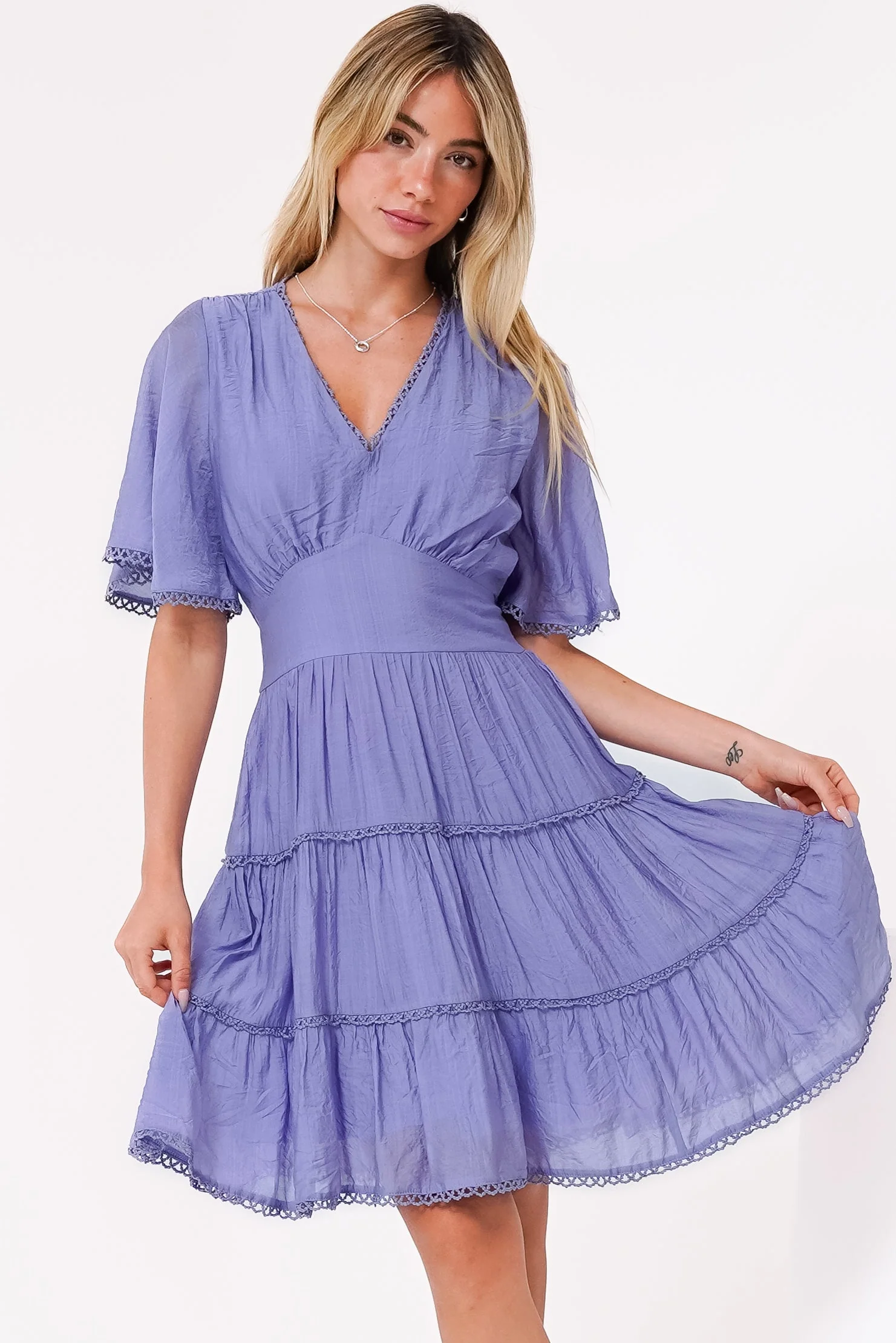 Nessie Mini Dress - Lace Trim Tiered Dress with Flutter Sleeves in Lilac - Image 2