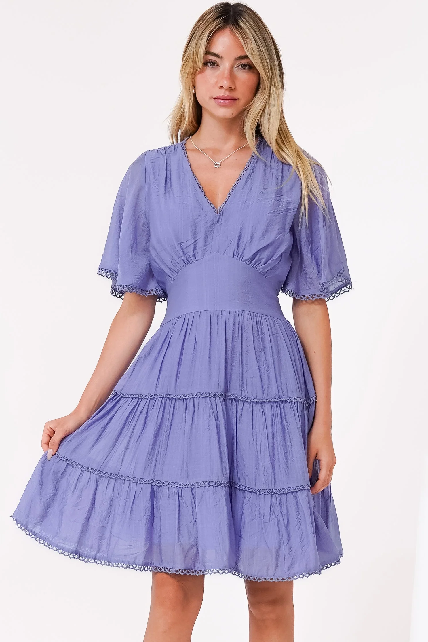 Nessie Mini Dress - Lace Trim Tiered Dress with Flutter Sleeves in Lilac - Image 3