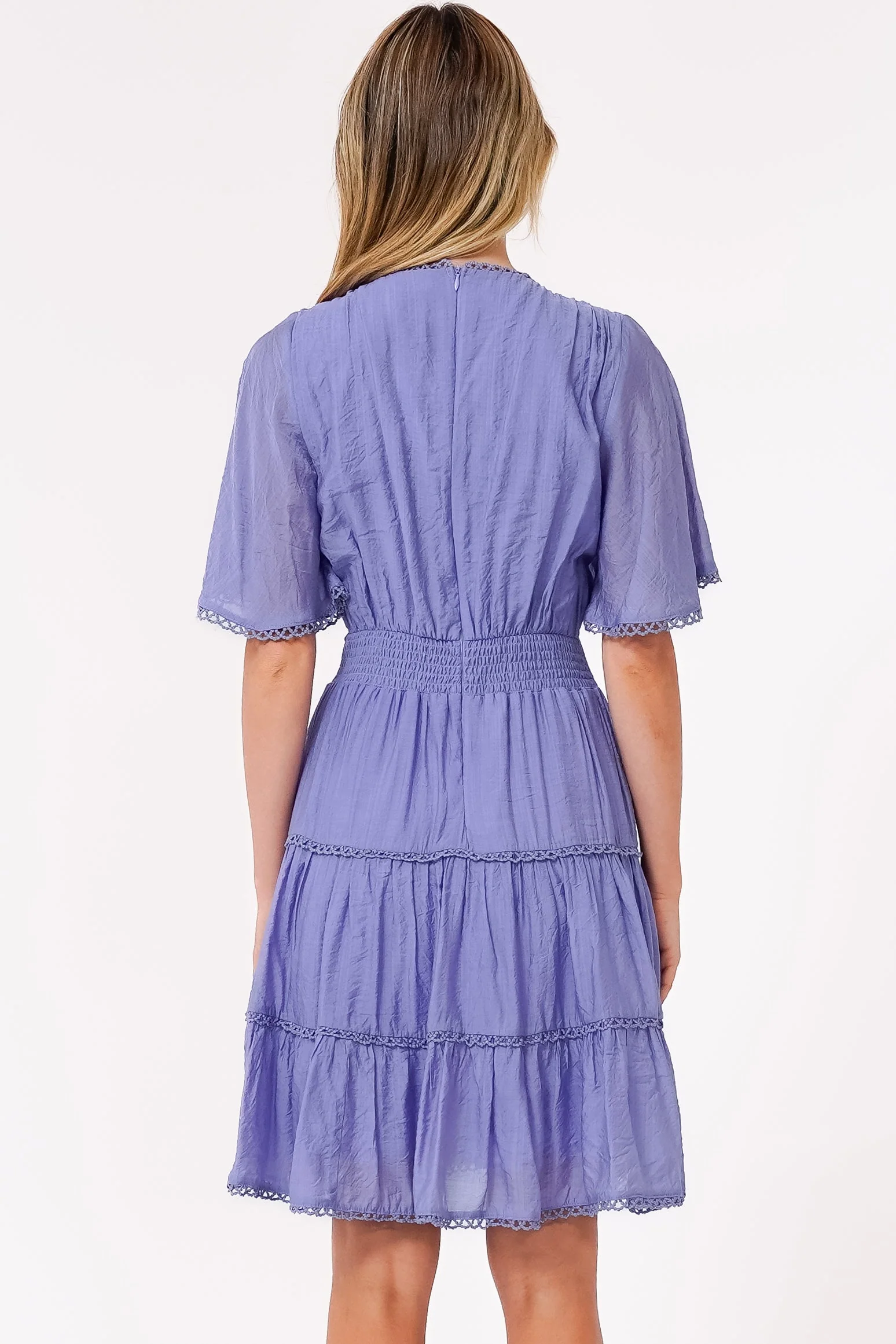 Nessie Mini Dress - Lace Trim Tiered Dress with Flutter Sleeves in Lilac - Image 8