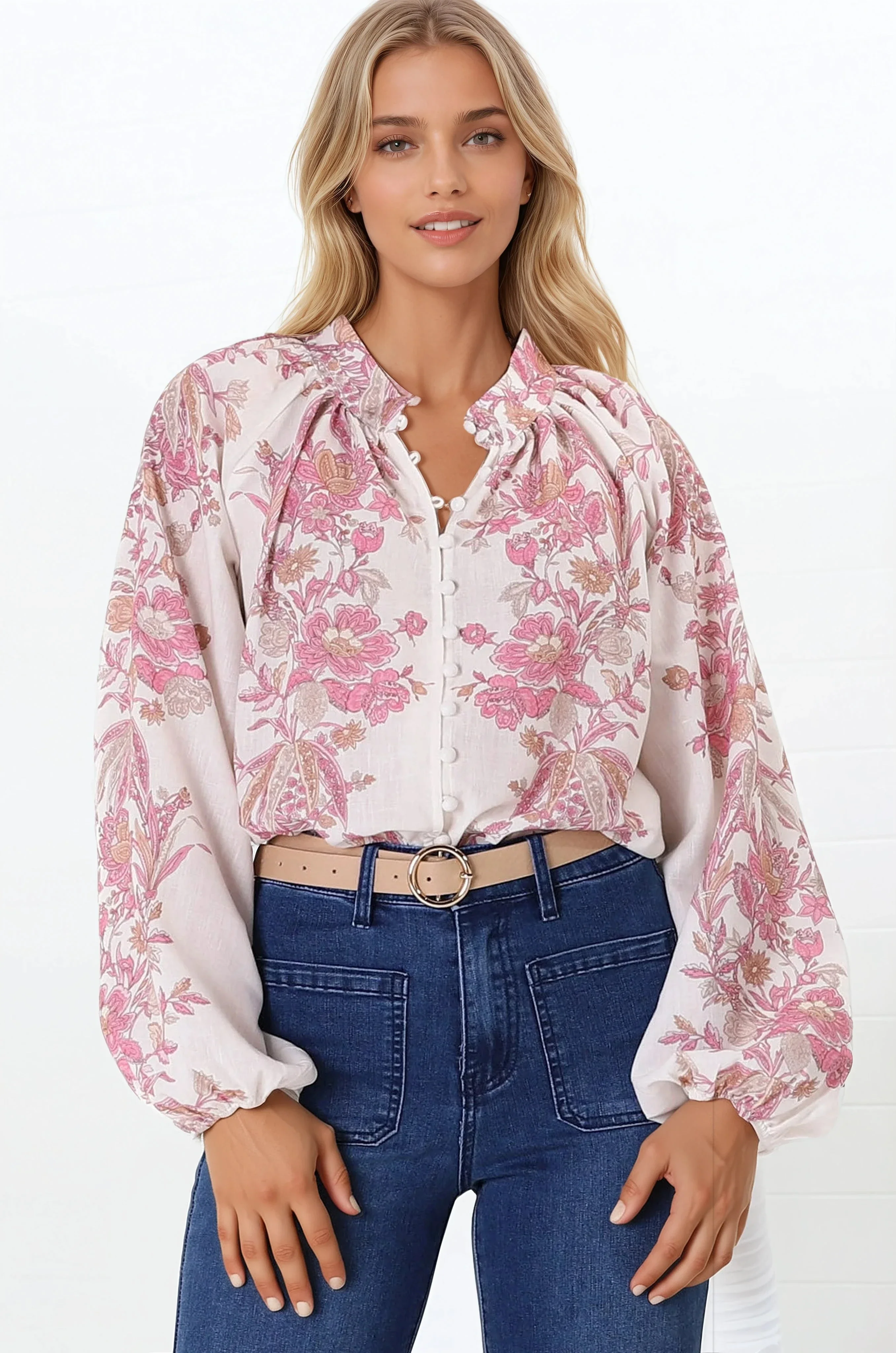 Nicola Blouse - Mandarin Collar Button Down Linen Blouse in Sorrel Print - Image 6