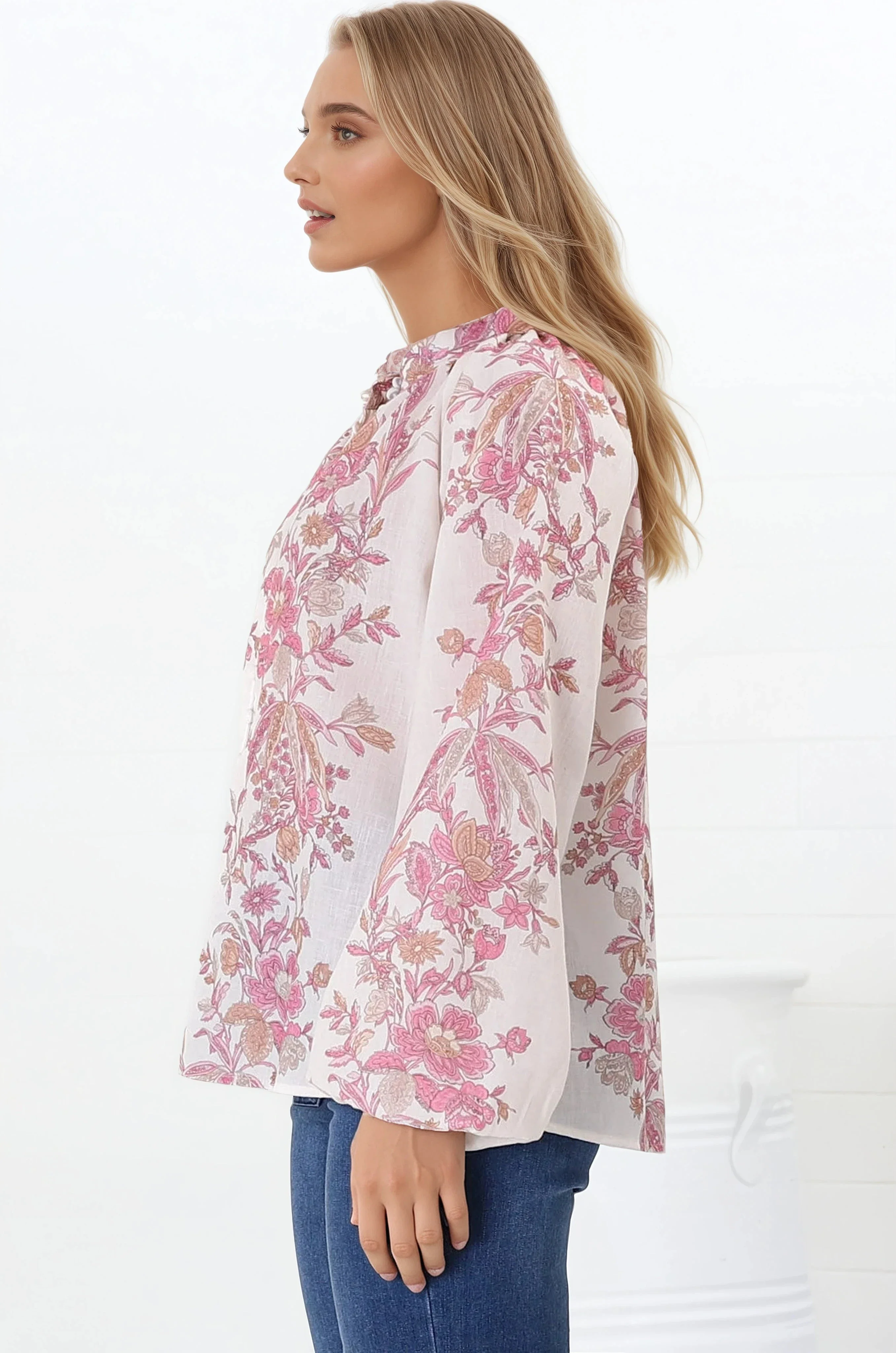Nicola Blouse - Mandarin Collar Button Down Linen Blouse in Sorrel Print - Image 7