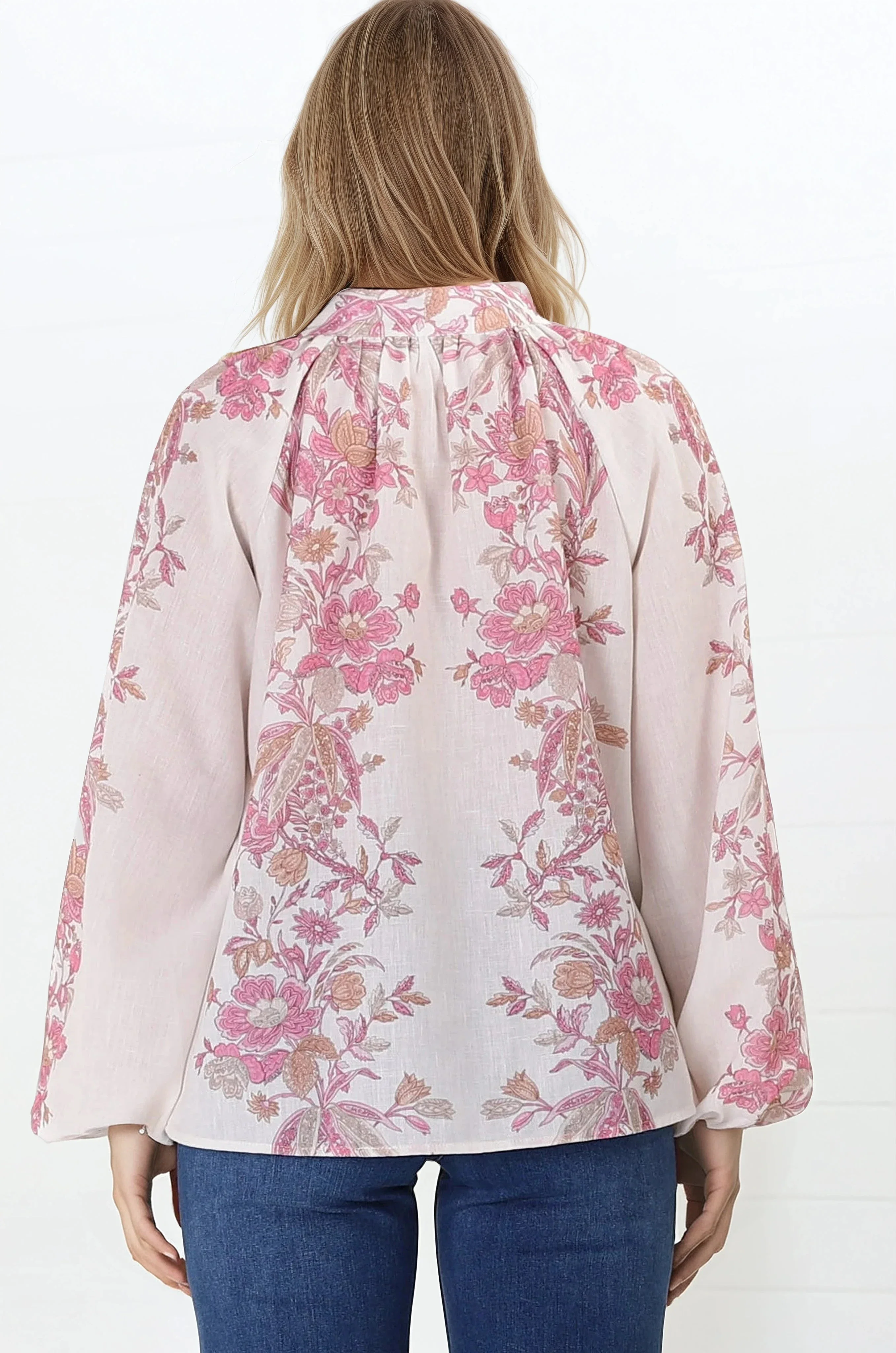 Nicola Blouse - Mandarin Collar Button Down Linen Blouse in Sorrel Print - Image 8