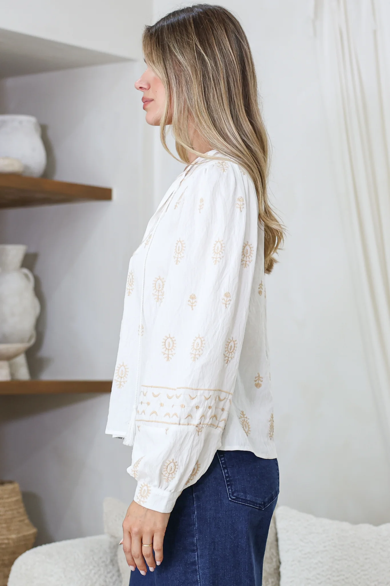 Nouveau Top - V Neck Embroidered Pullover with Long Cuffed Sleeves in White - Image 6