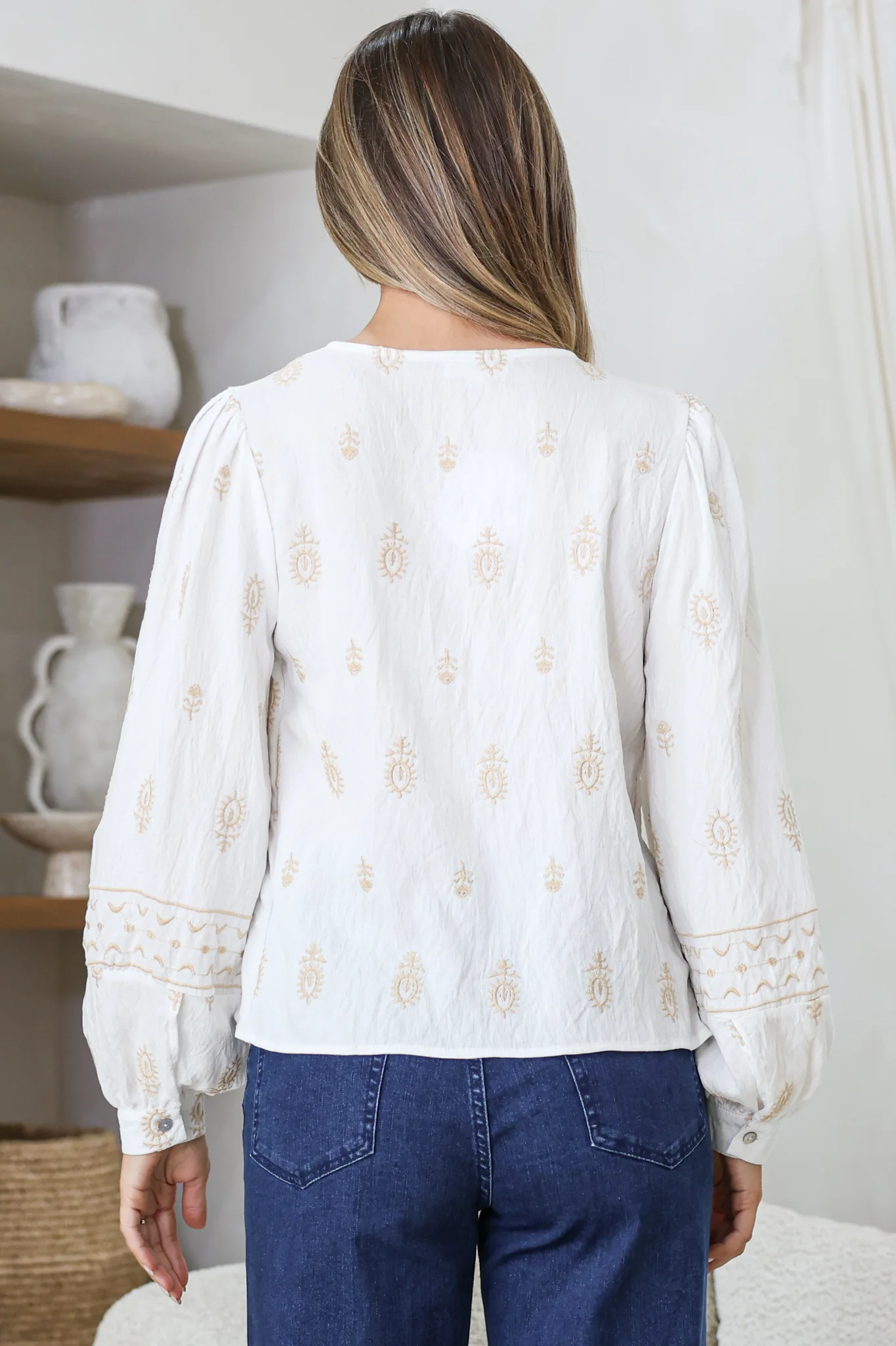 Nouveau Top - V Neck Embroidered Pullover with Long Cuffed Sleeves in White - Image 7