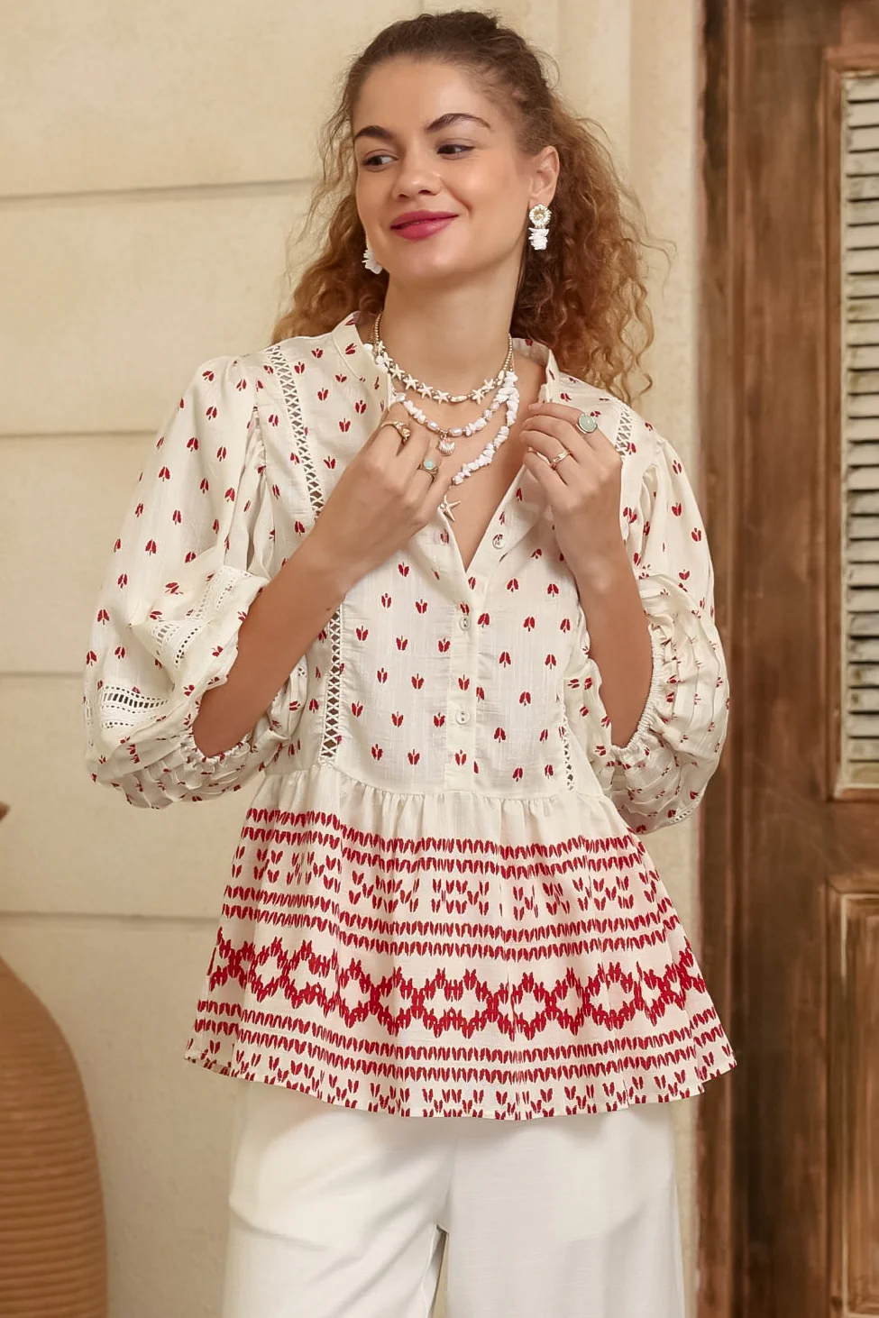 Nova Top - Mandarin Collar Pull Over Pleat Detailed Top in Fay Print - Image 4