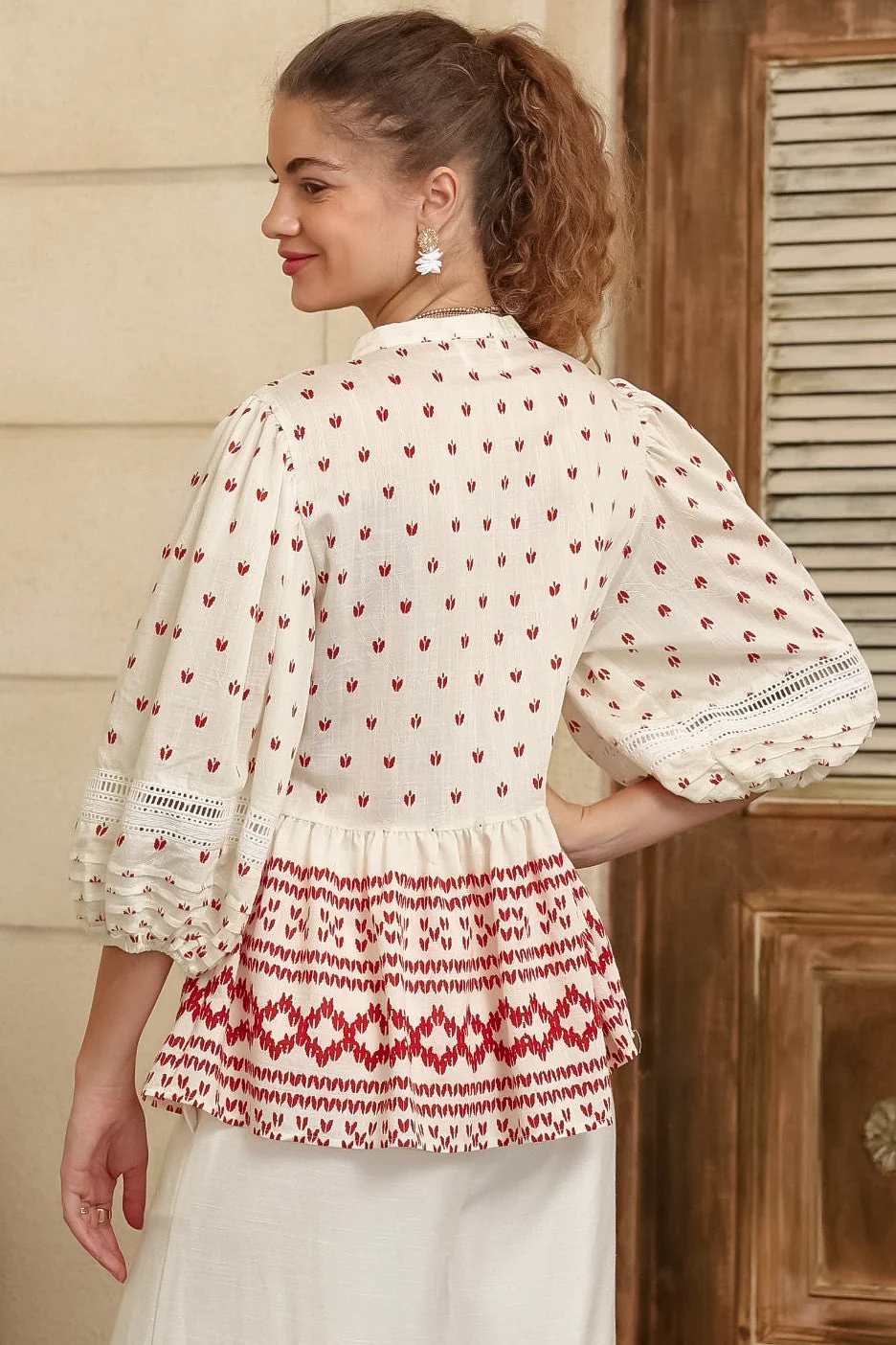 Nova Top - Mandarin Collar Pull Over Pleat Detailed Top in Fay Print - Image 5