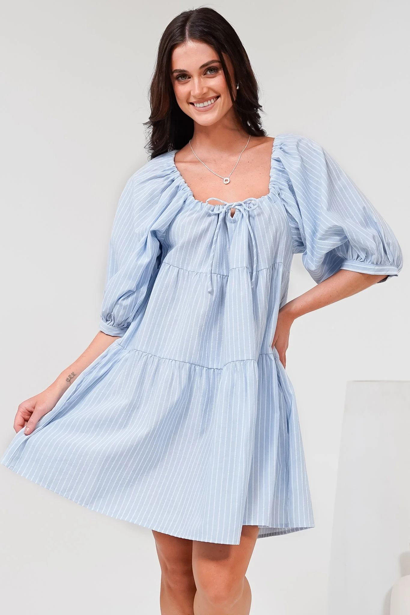 Oliander Mini Dress - On or Off Shoulder Tiered Dress with Pockets in Figaro Stripe Blue - Image 2