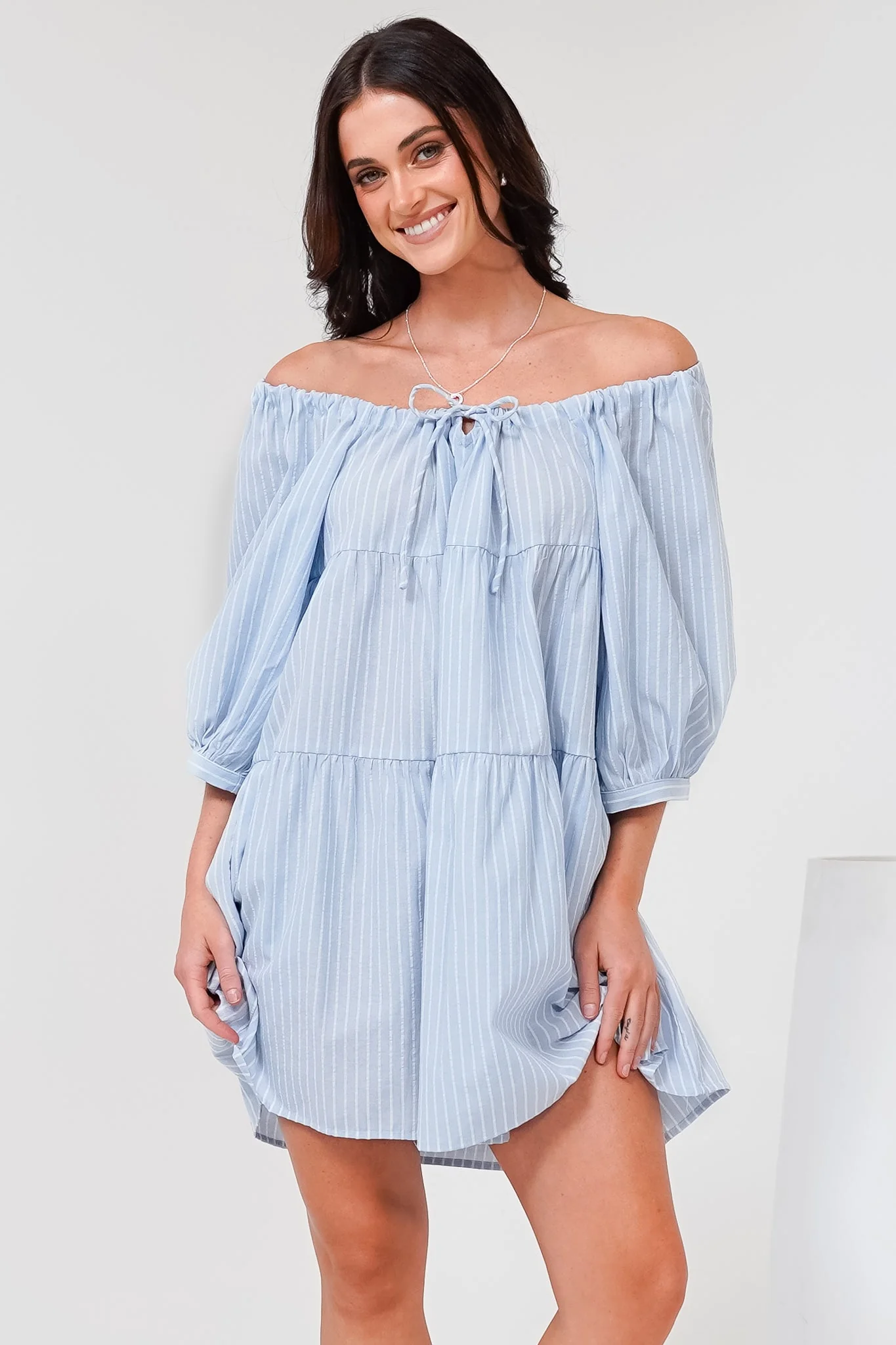 Oliander Mini Dress - On or Off Shoulder Tiered Dress with Pockets in Figaro Stripe Blue - Image 3