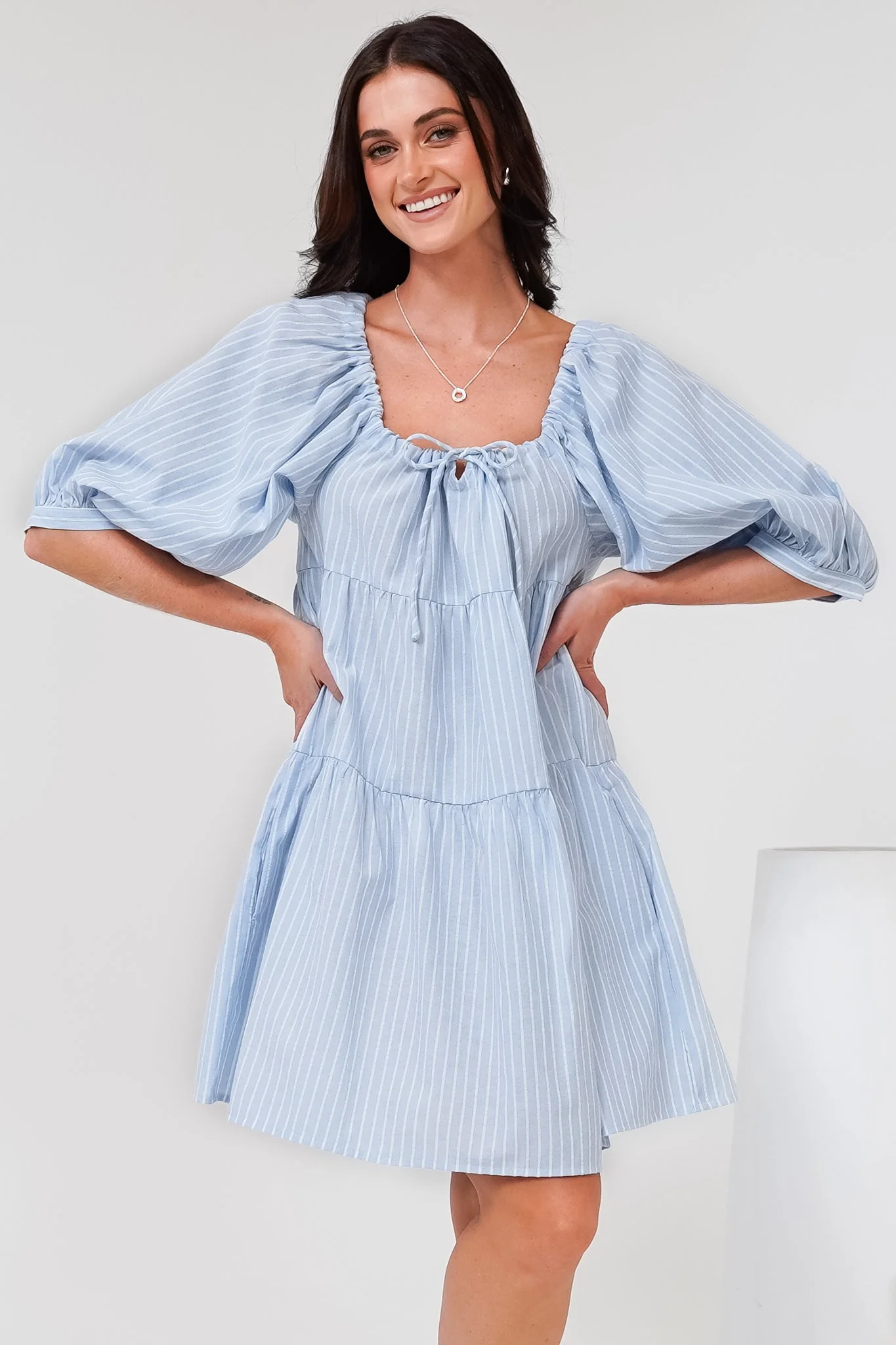 Oliander Mini Dress - On or Off Shoulder Tiered Dress with Pockets in Figaro Stripe Blue - Image 4