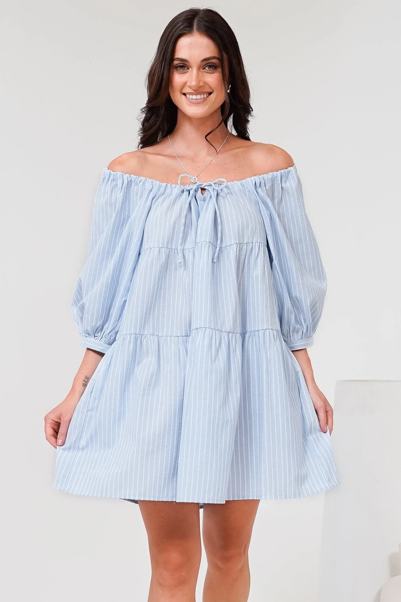 Oliander Mini Dress - On or Off Shoulder Tiered Dress with Pockets in Figaro Stripe Blue - Image 5