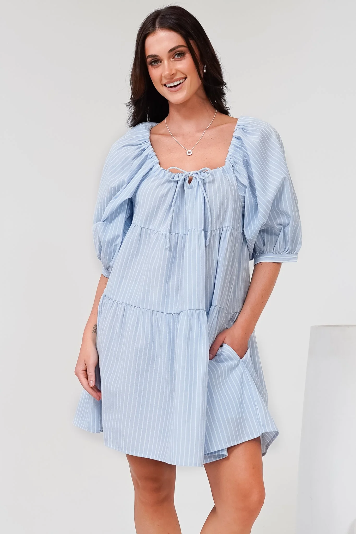 Oliander Mini Dress - On or Off Shoulder Tiered Dress with Pockets in Figaro Stripe Blue - Image 6