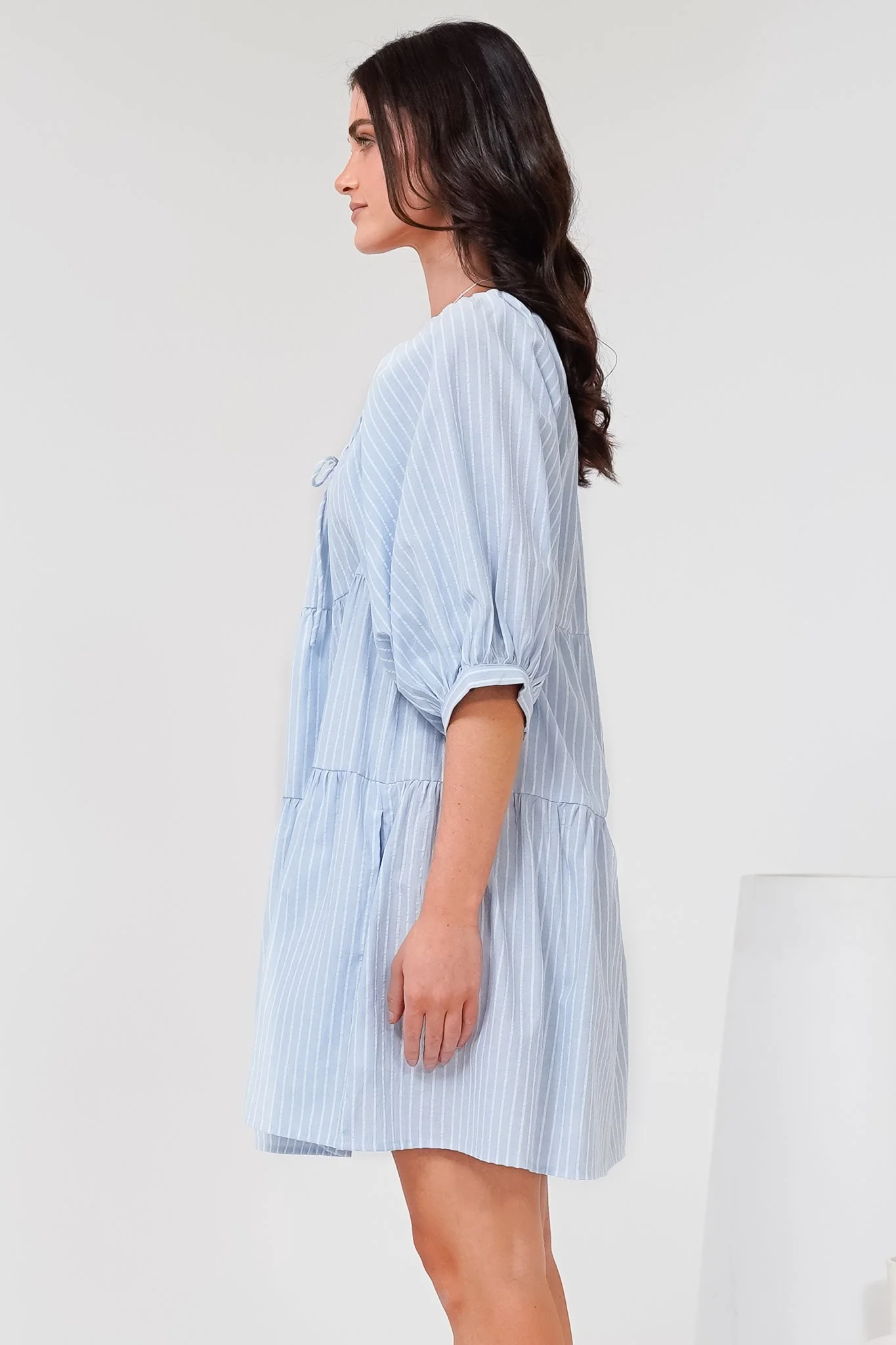Oliander Mini Dress - On or Off Shoulder Tiered Dress with Pockets in Figaro Stripe Blue - Image 7