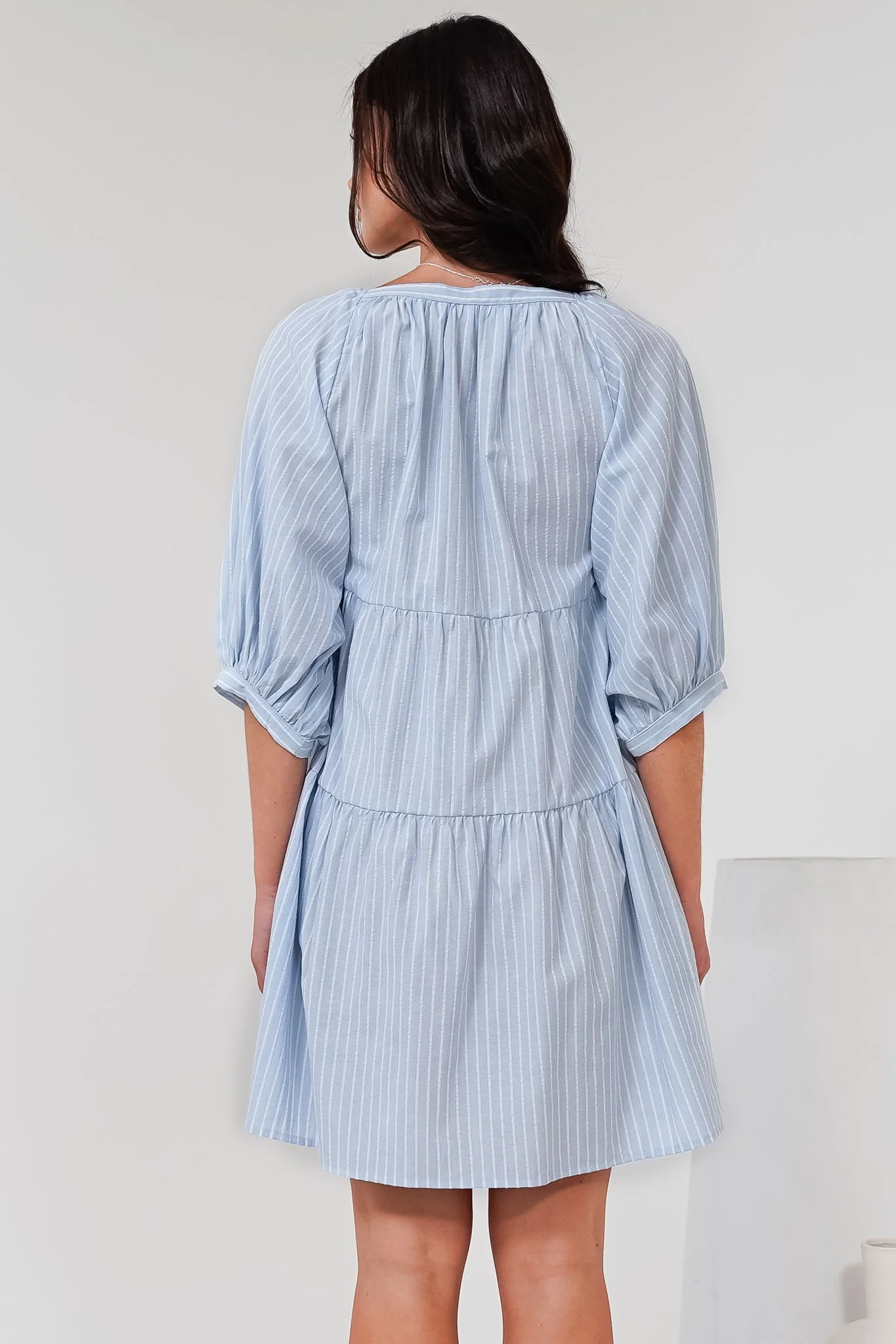 Oliander Mini Dress - On or Off Shoulder Tiered Dress with Pockets in Figaro Stripe Blue - Image 8