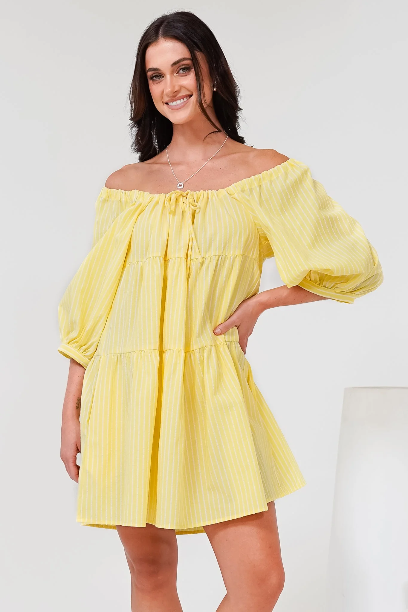 Oliander Mini Dress - On or Off Shoulder Tiered Dress with Pockets in Figaro Stripe Lemon
