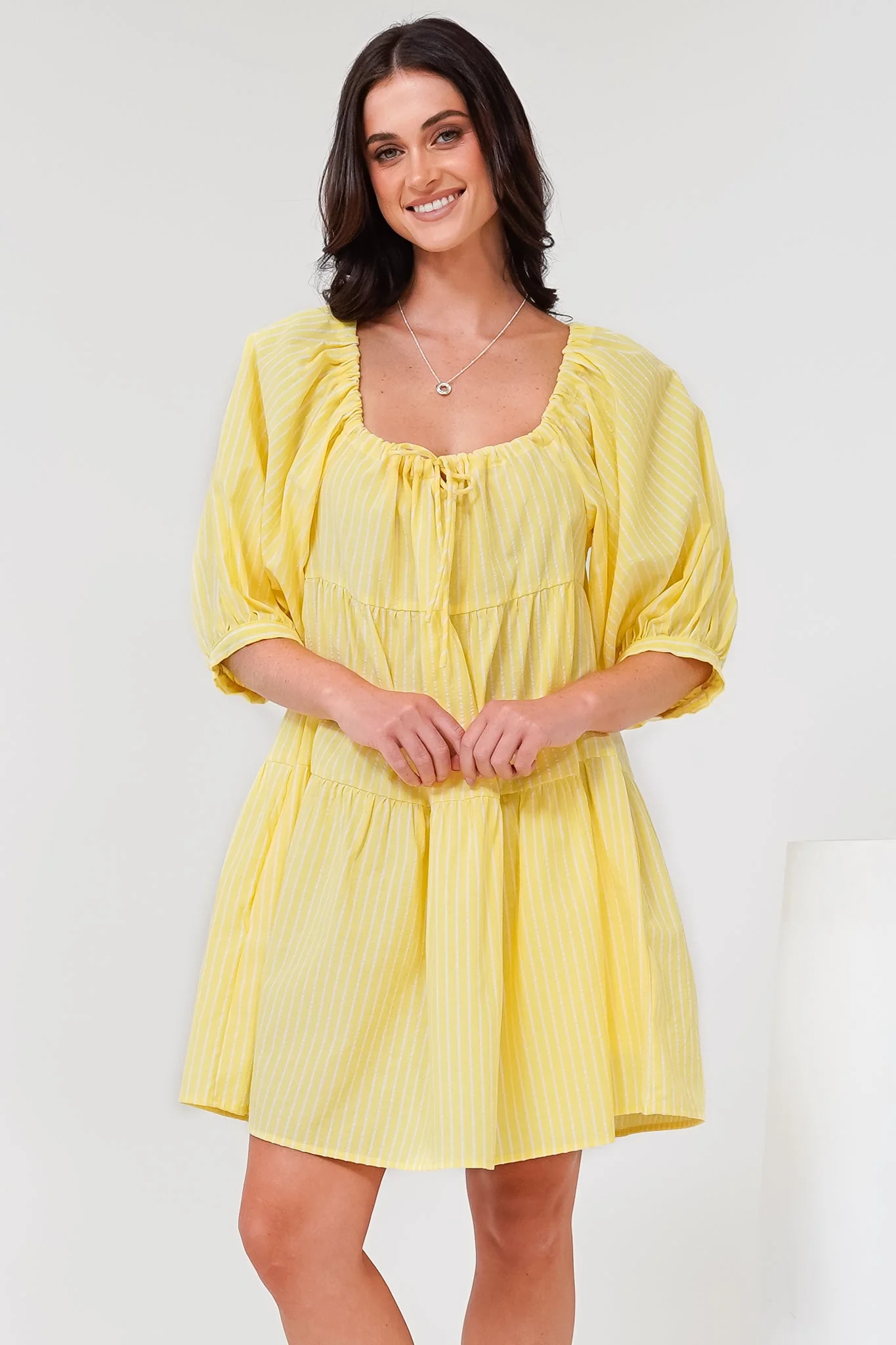 Oliander Mini Dress - On or Off Shoulder Tiered Dress with Pockets in Figaro Stripe Lemon - Image 2