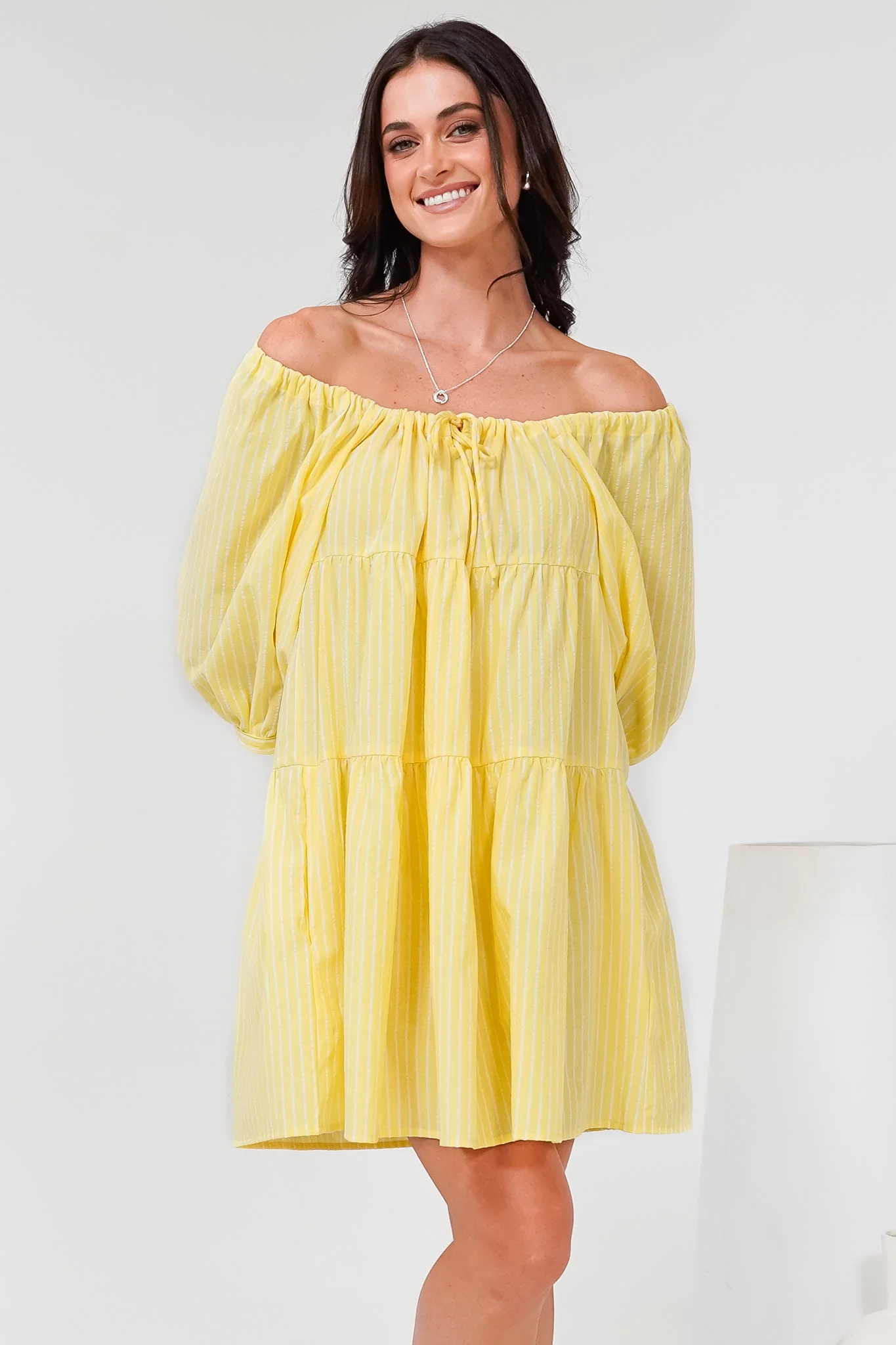 Oliander Mini Dress - On or Off Shoulder Tiered Dress with Pockets in Figaro Stripe Lemon - Image 3