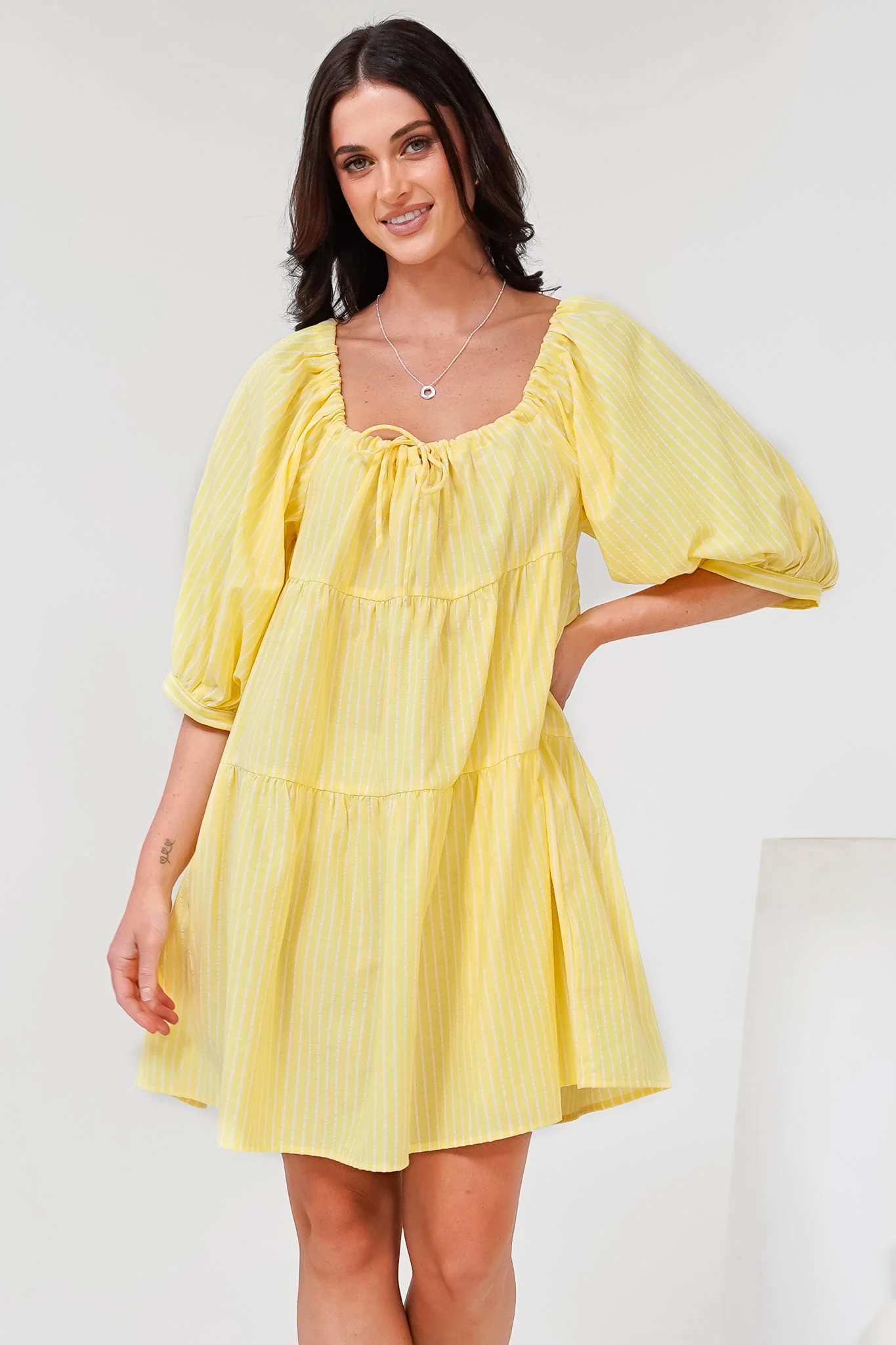 Oliander Mini Dress - On or Off Shoulder Tiered Dress with Pockets in Figaro Stripe Lemon - Image 4