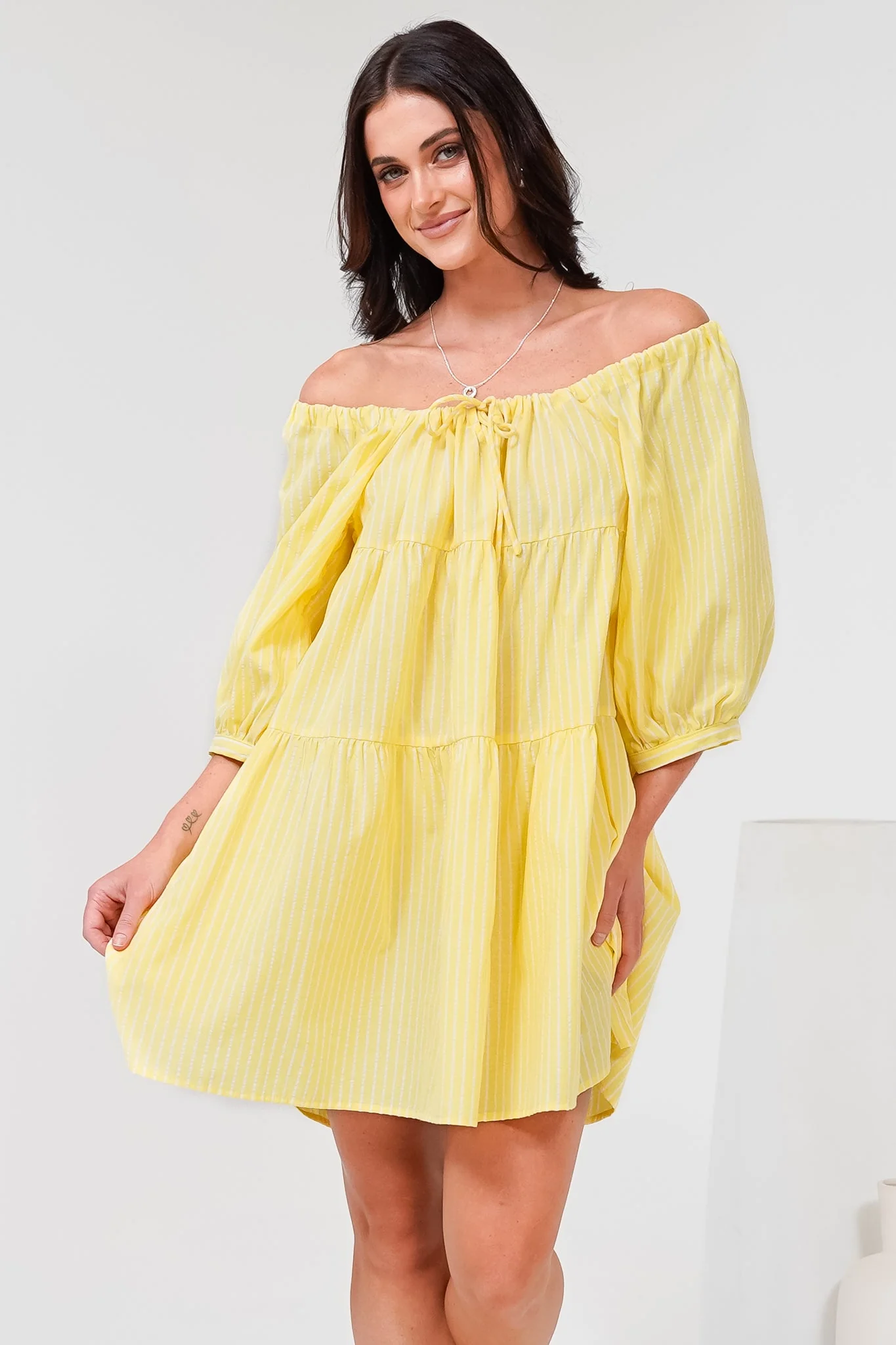 Oliander Mini Dress - On or Off Shoulder Tiered Dress with Pockets in Figaro Stripe Lemon - Image 5