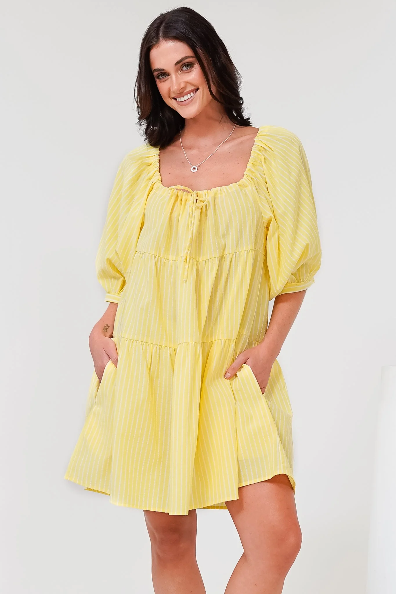 Oliander Mini Dress - On or Off Shoulder Tiered Dress with Pockets in Figaro Stripe Lemon - Image 6