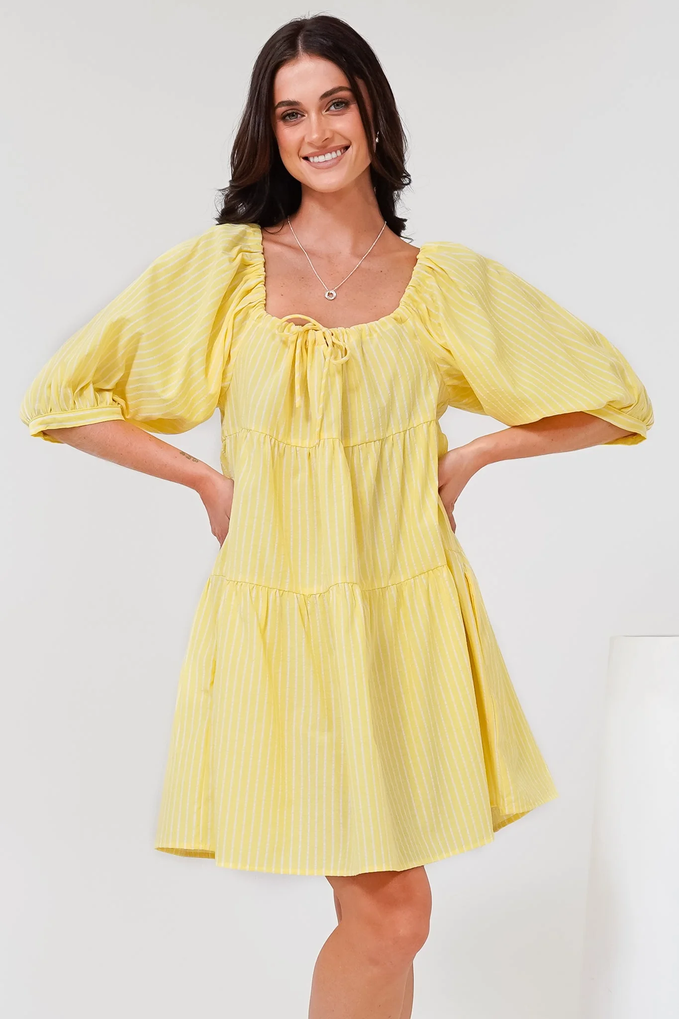 Oliander Mini Dress - On or Off Shoulder Tiered Dress with Pockets in Figaro Stripe Lemon - Image 7