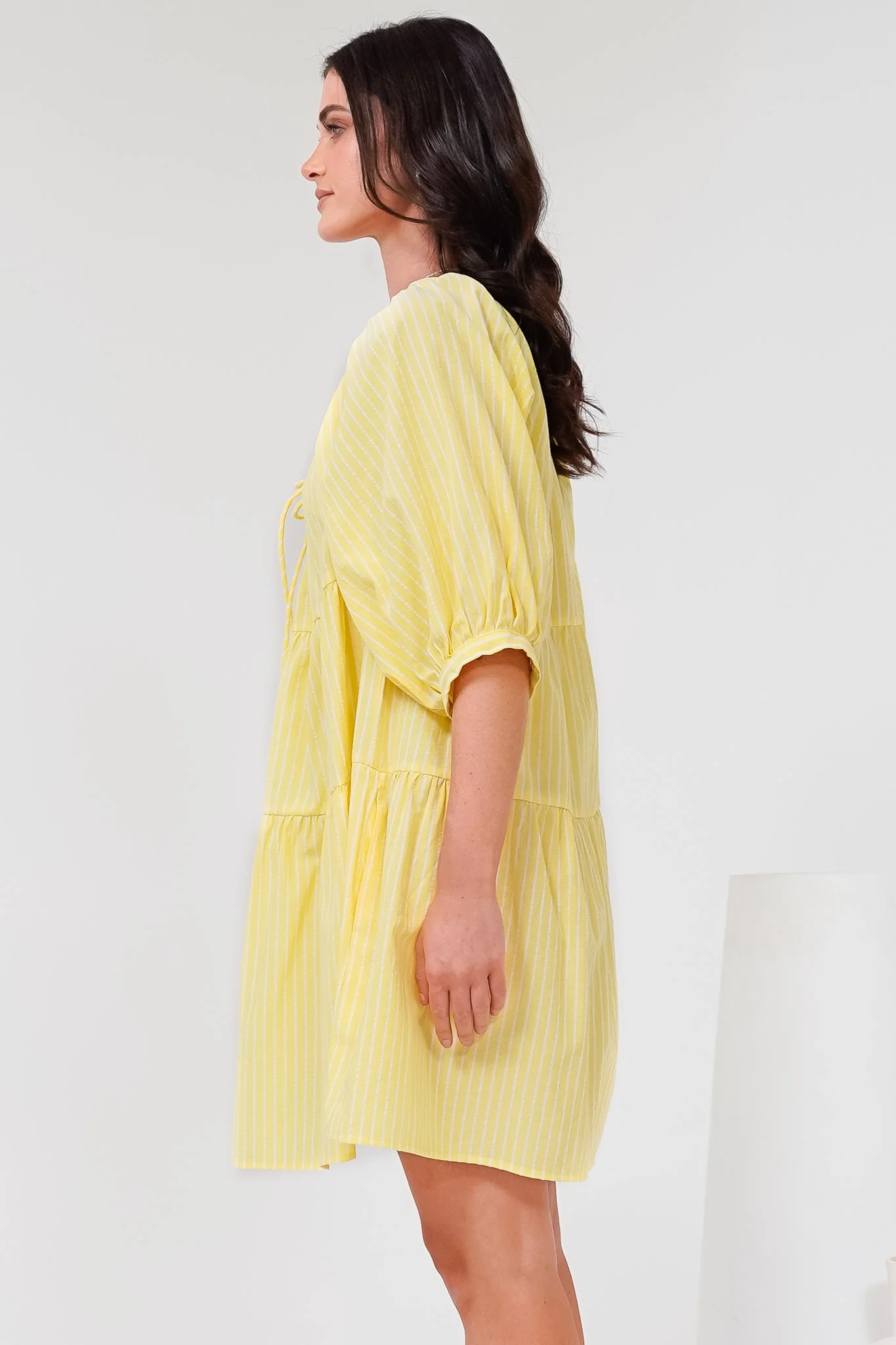 Oliander Mini Dress - On or Off Shoulder Tiered Dress with Pockets in Figaro Stripe Lemon - Image 8