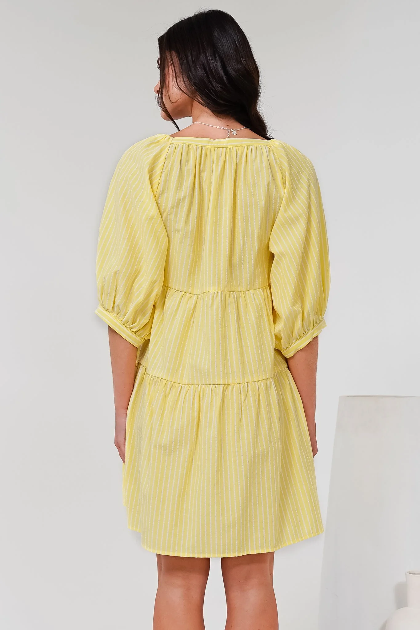 Oliander Mini Dress - On or Off Shoulder Tiered Dress with Pockets in Figaro Stripe Lemon - Image 9