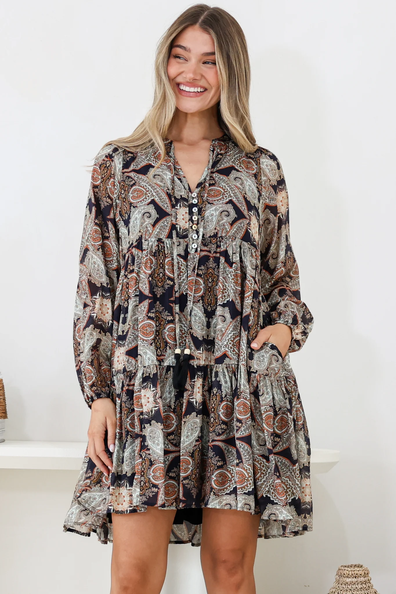 Olivia Mini Dress - Mandarin Collar Tiered Smock Dress with Long Sleeves in Blaise Print Black - Image 2