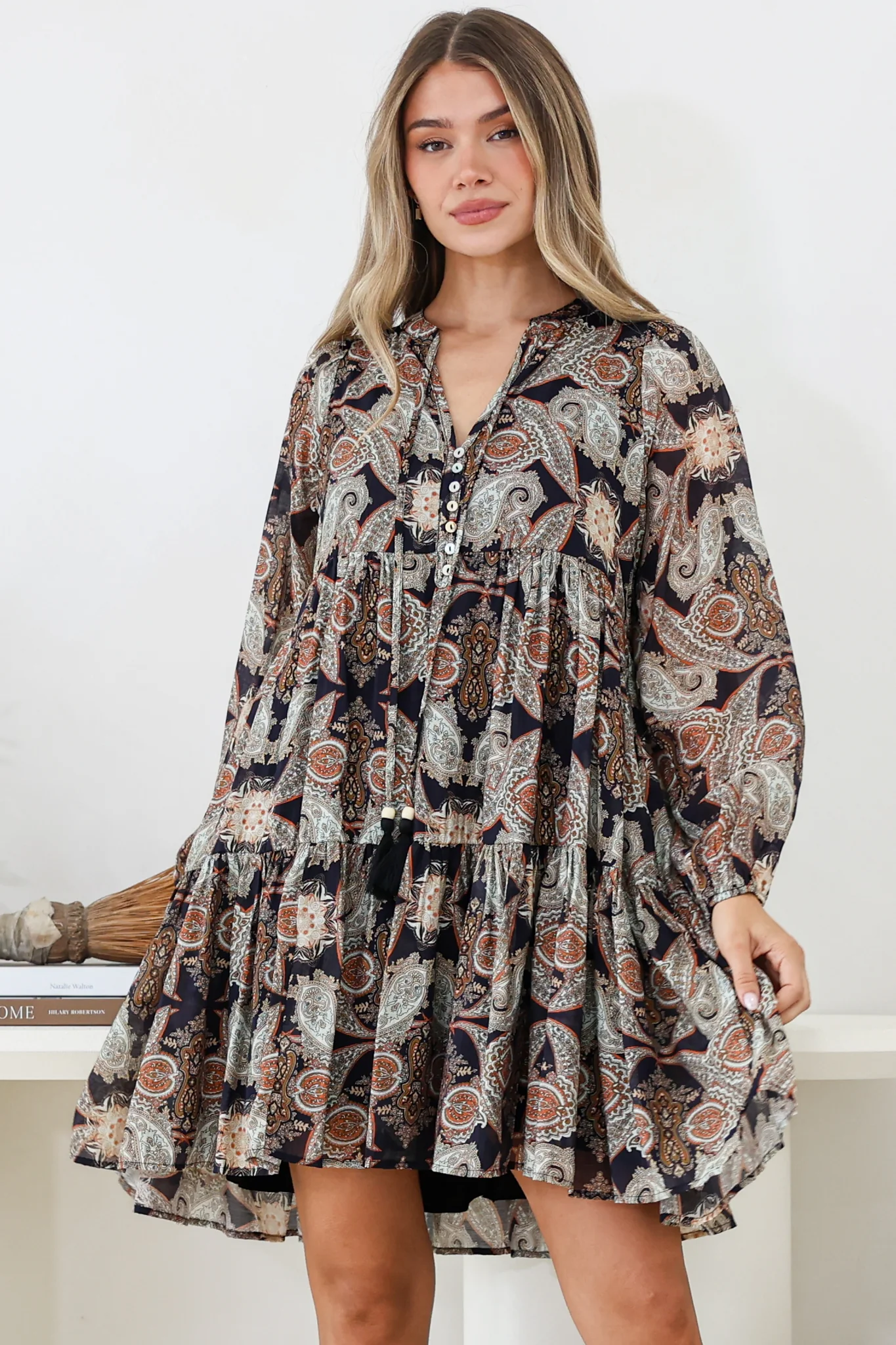 Olivia Mini Dress - Mandarin Collar Tiered Smock Dress with Long Sleeves in Blaise Print Black - Image 3