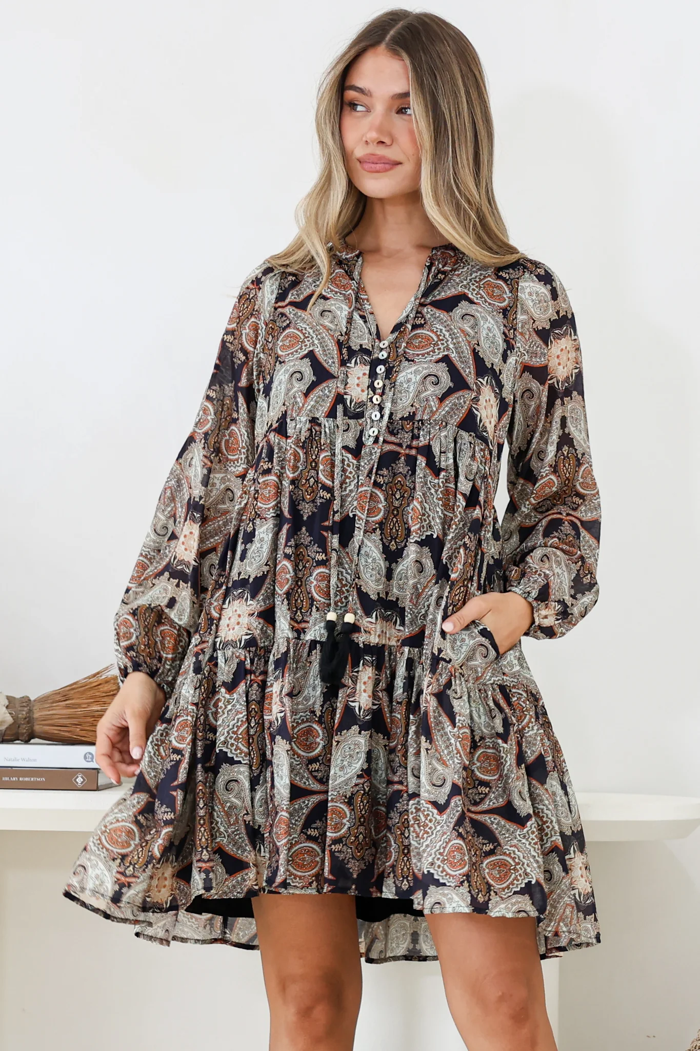 Olivia Mini Dress - Mandarin Collar Tiered Smock Dress with Long Sleeves in Blaise Print Black - Image 6