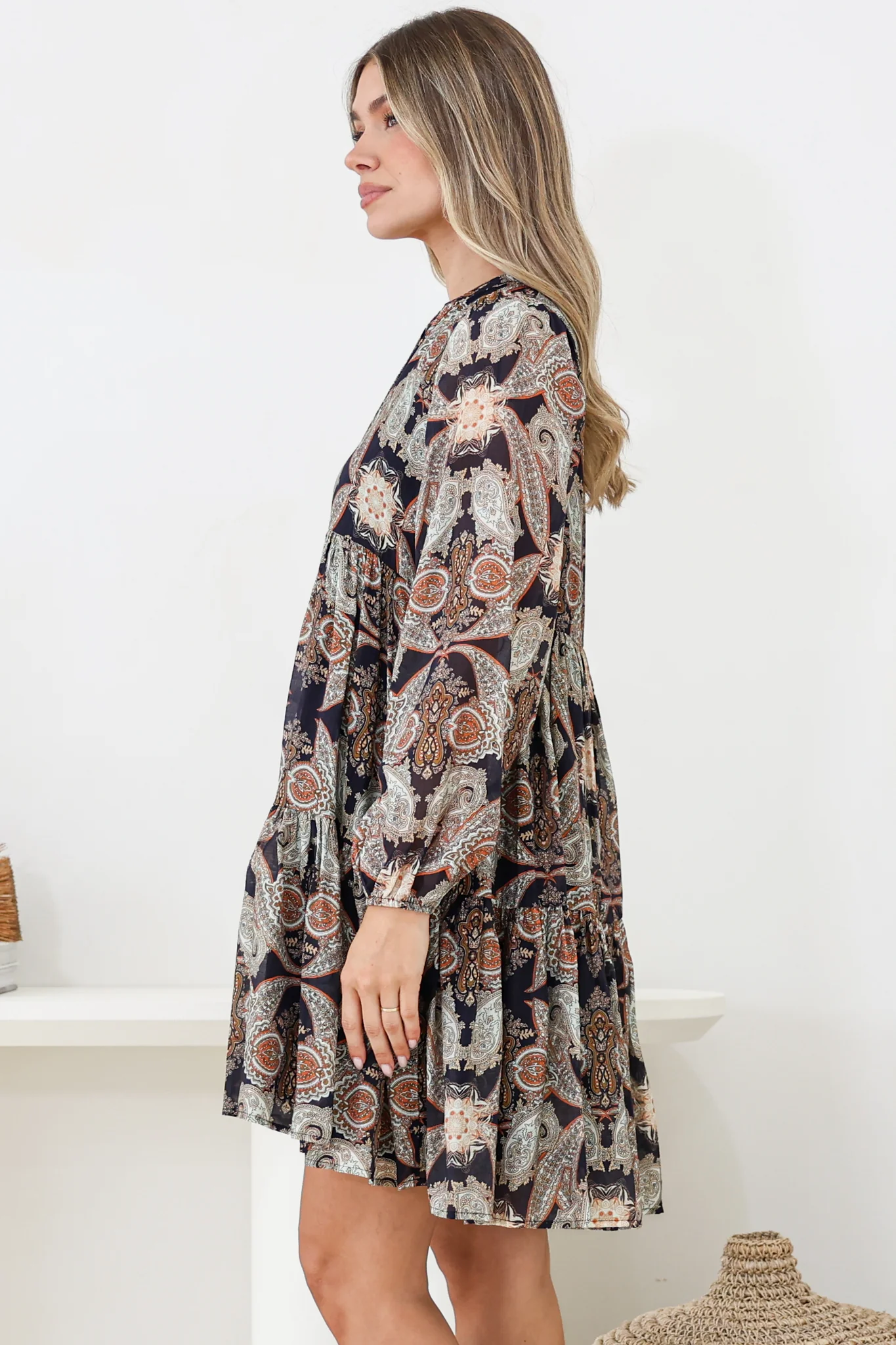 Olivia Mini Dress - Mandarin Collar Tiered Smock Dress with Long Sleeves in Blaise Print Black - Image 7