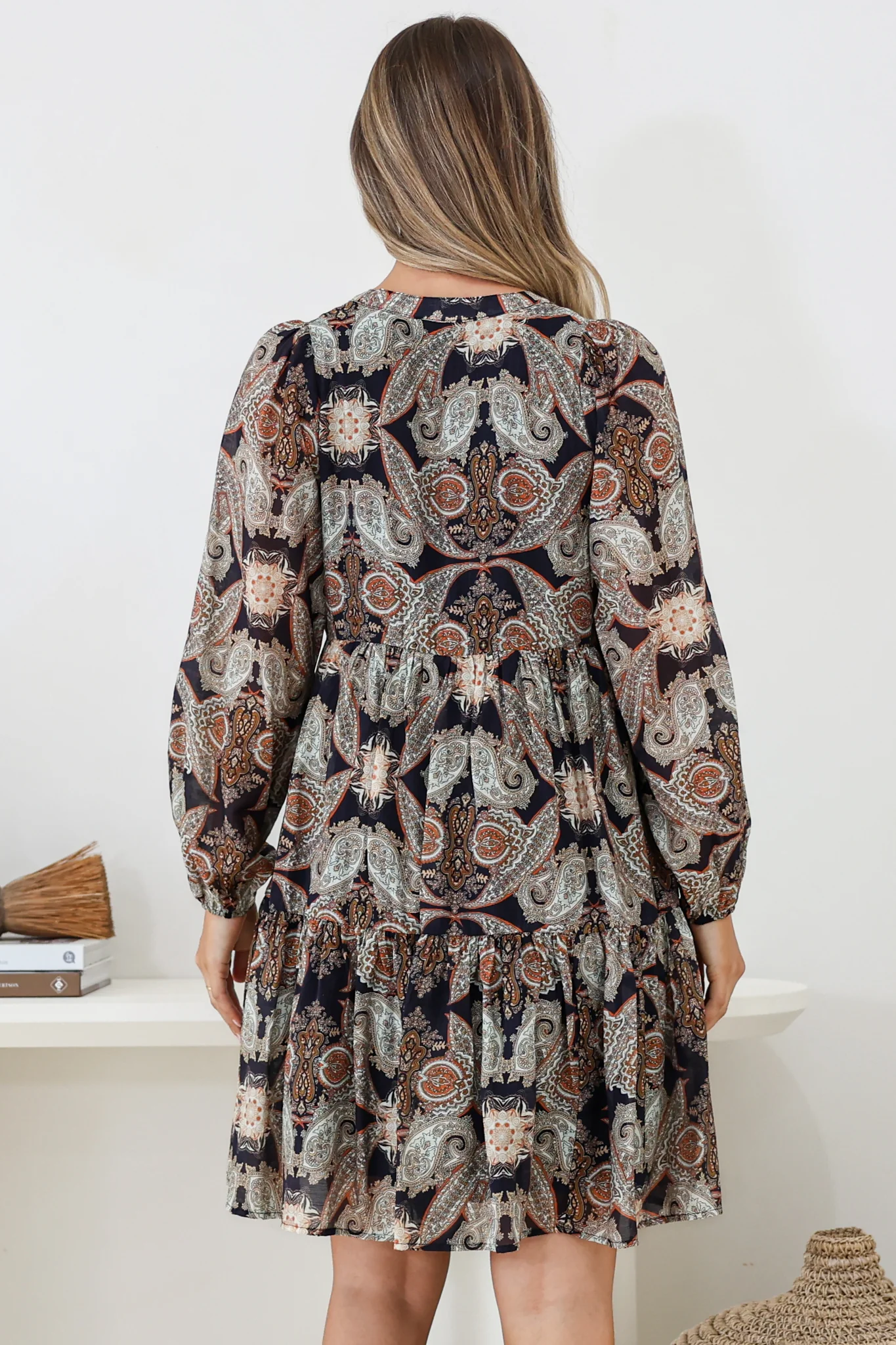 Olivia Mini Dress - Mandarin Collar Tiered Smock Dress with Long Sleeves in Blaise Print Black - Image 8