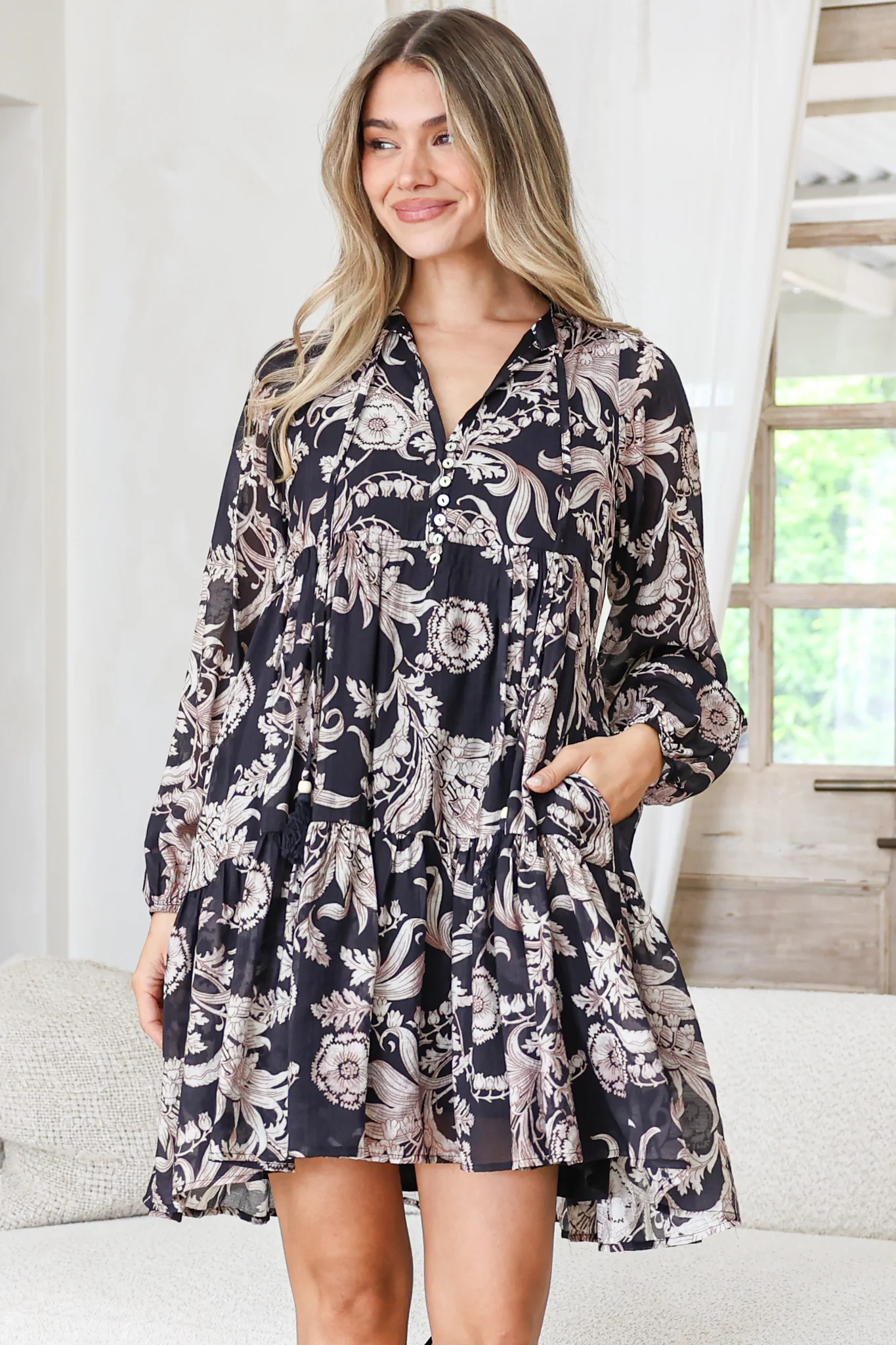 Olivia Mini Dress - Mandarin Collar Tiered Smock Dress with Long Sleeves in Pim Print Black - Image 2