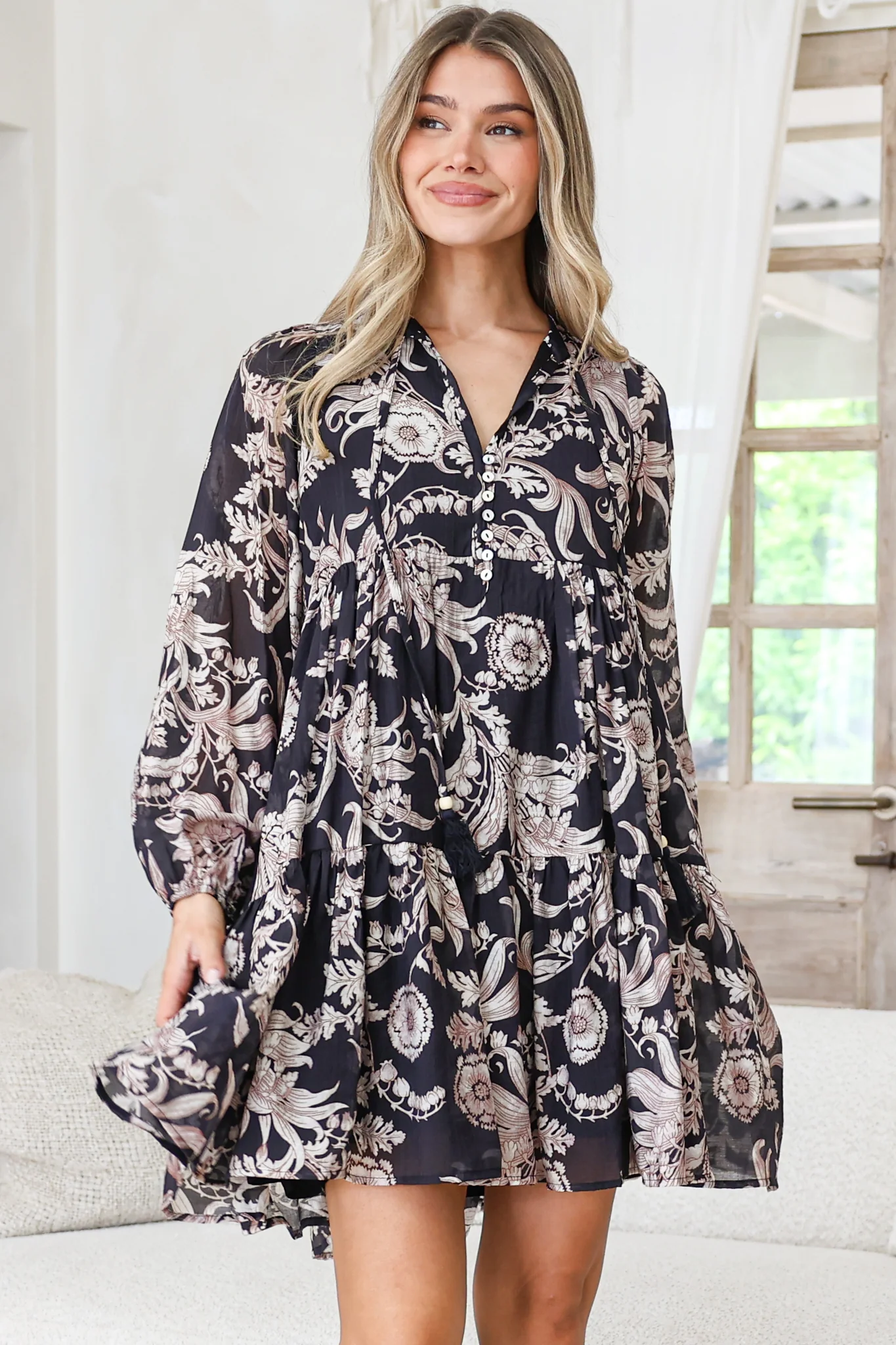 Olivia Mini Dress - Mandarin Collar Tiered Smock Dress with Long Sleeves in Pim Print Black - Image 4