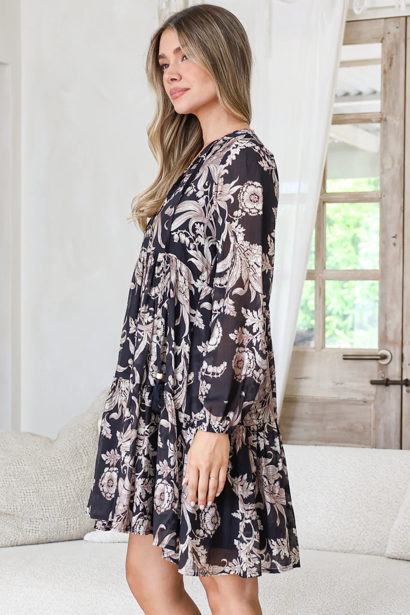 Olivia Mini Dress - Mandarin Collar Tiered Smock Dress with Long Sleeves in Pim Print Black - Image 7