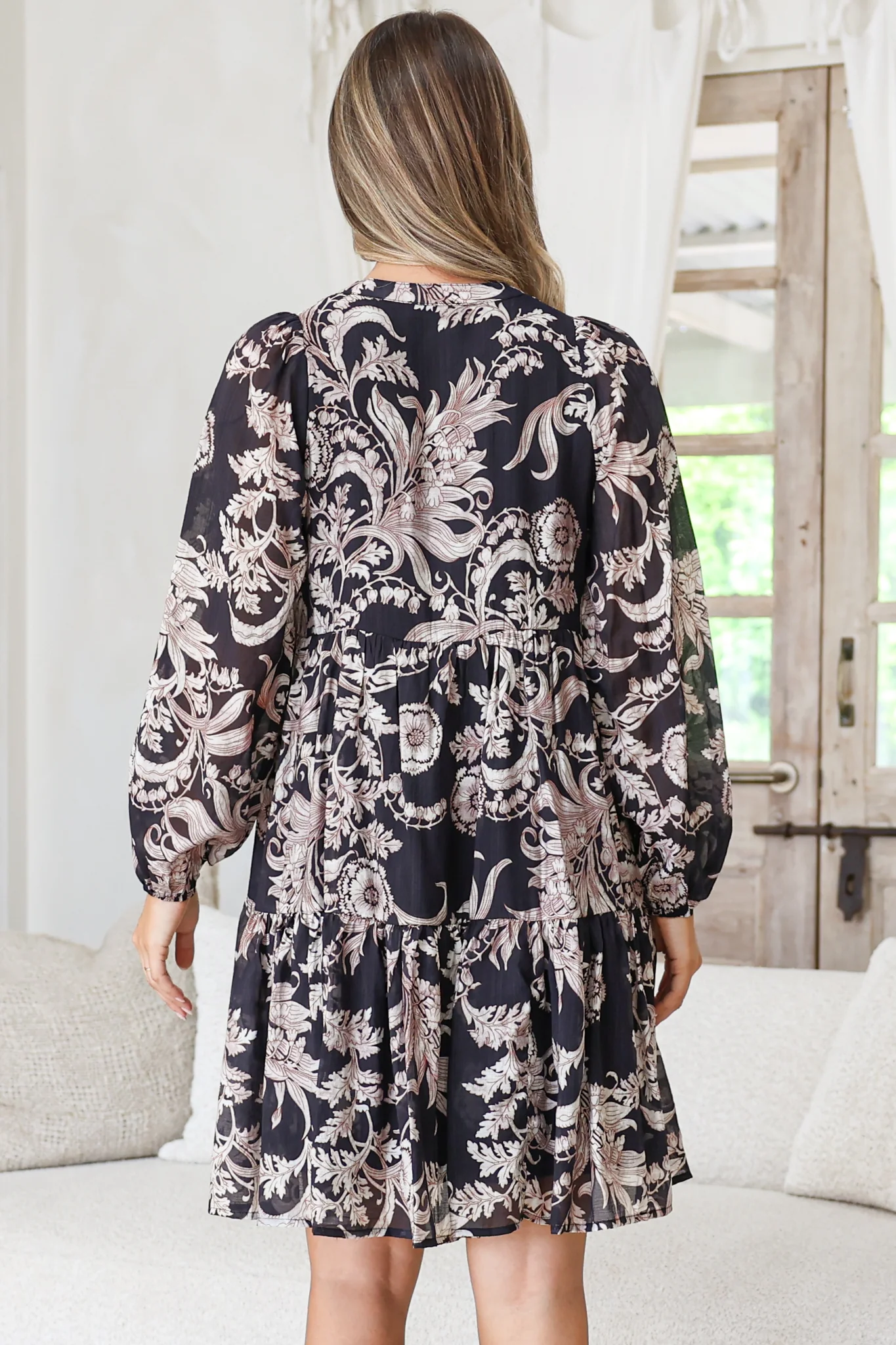 Olivia Mini Dress - Mandarin Collar Tiered Smock Dress with Long Sleeves in Pim Print Black - Image 8
