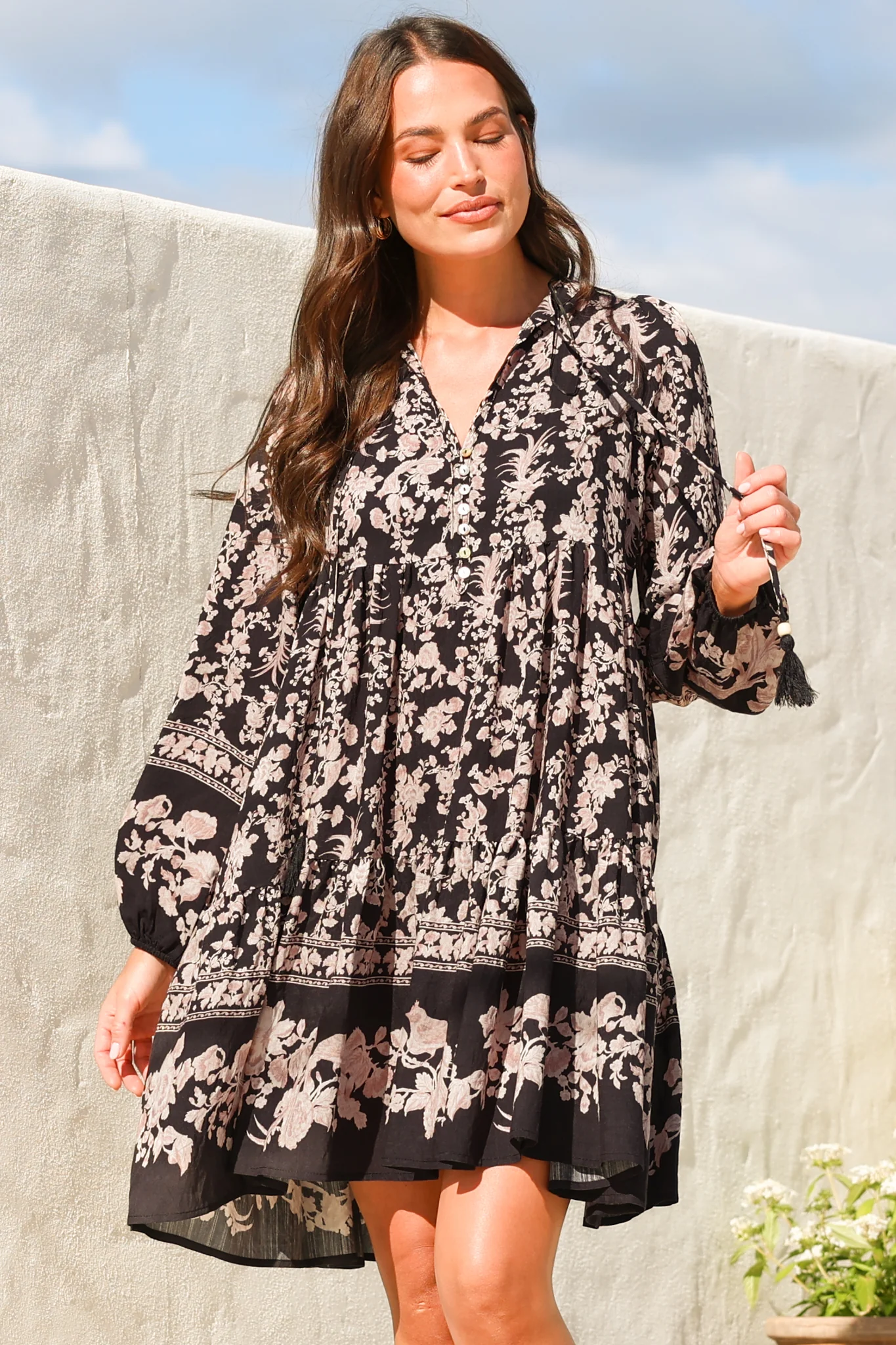 Olivia Mini Dress - Mandarin Collar Tiered Smock Dress with Long Sleeves in Villa Print - Image 4