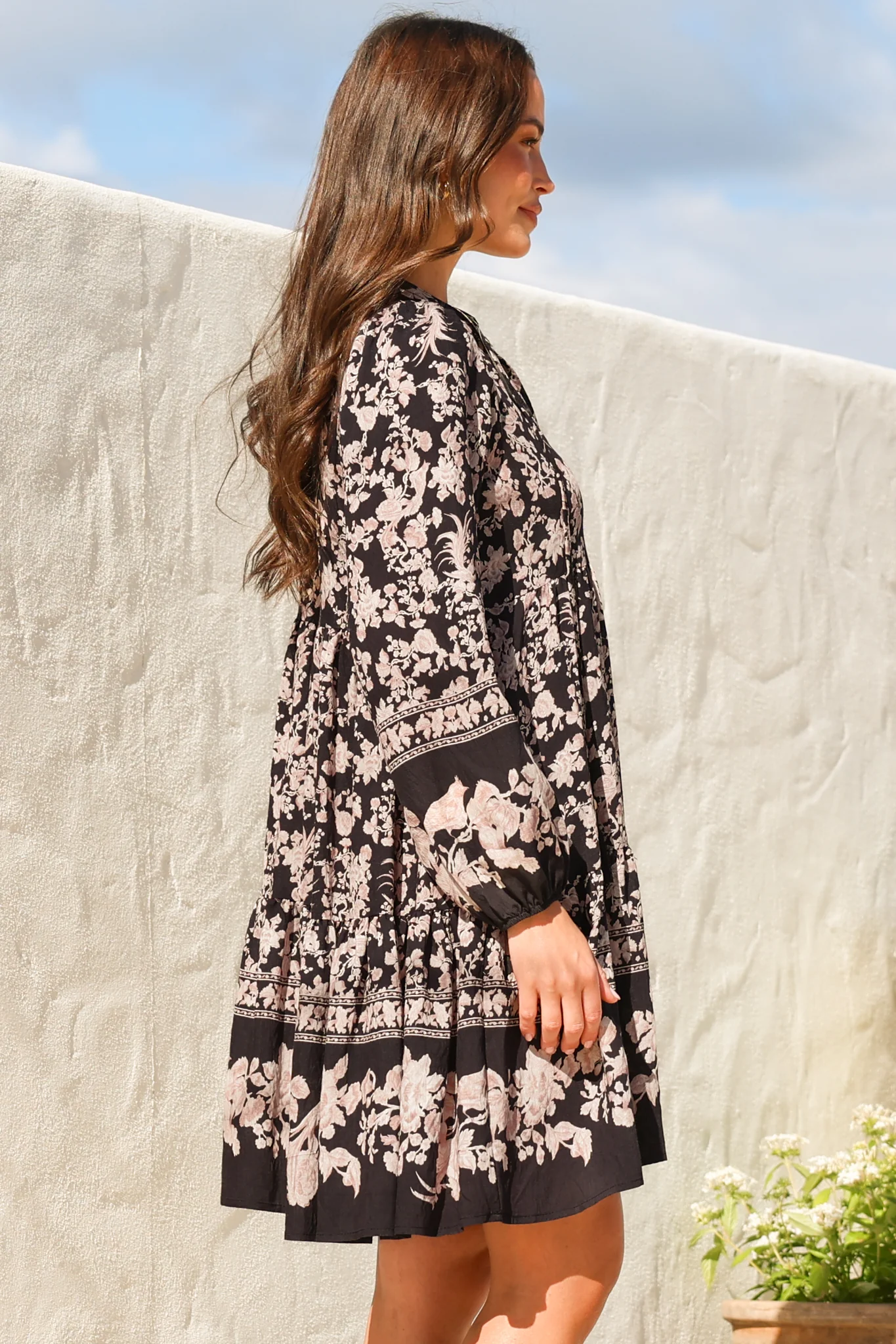 Olivia Mini Dress - Mandarin Collar Tiered Smock Dress with Long Sleeves in Villa Print - Image 7